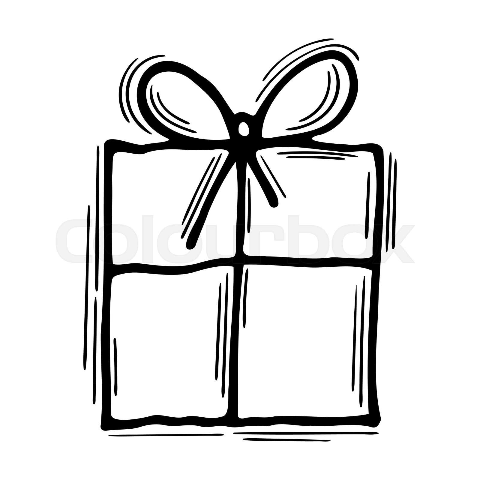 Hand drawn gift box. Doodle present with ribbon. Surprise. Birthday