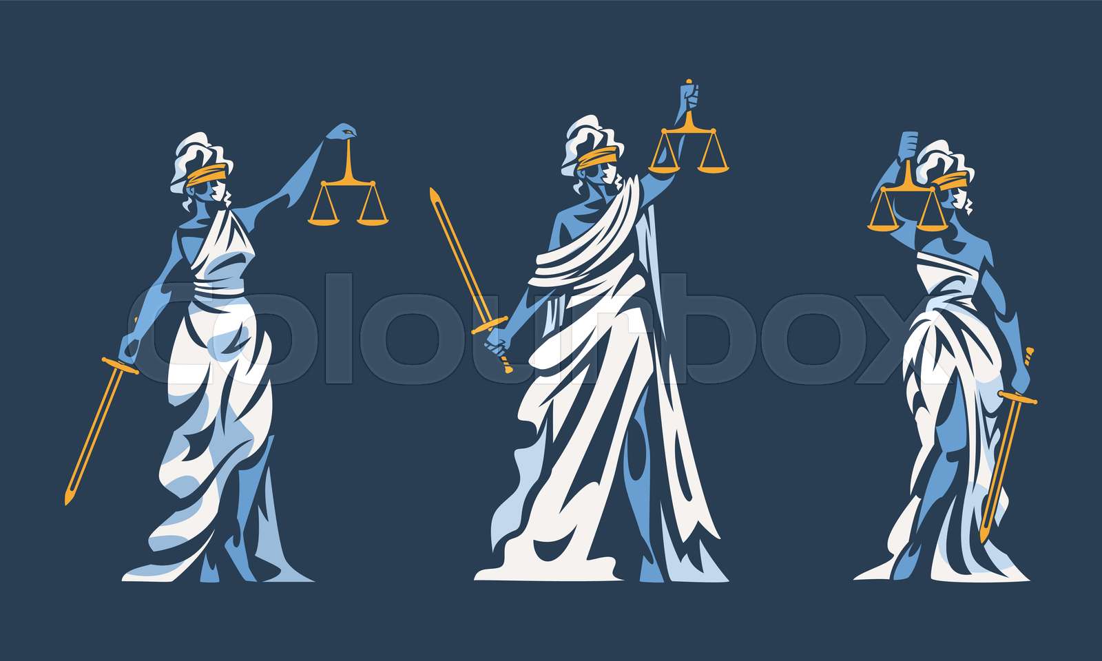 Set of Lady Justice. Themis, goddess of Greek mythology. Blind woman with scales and sword