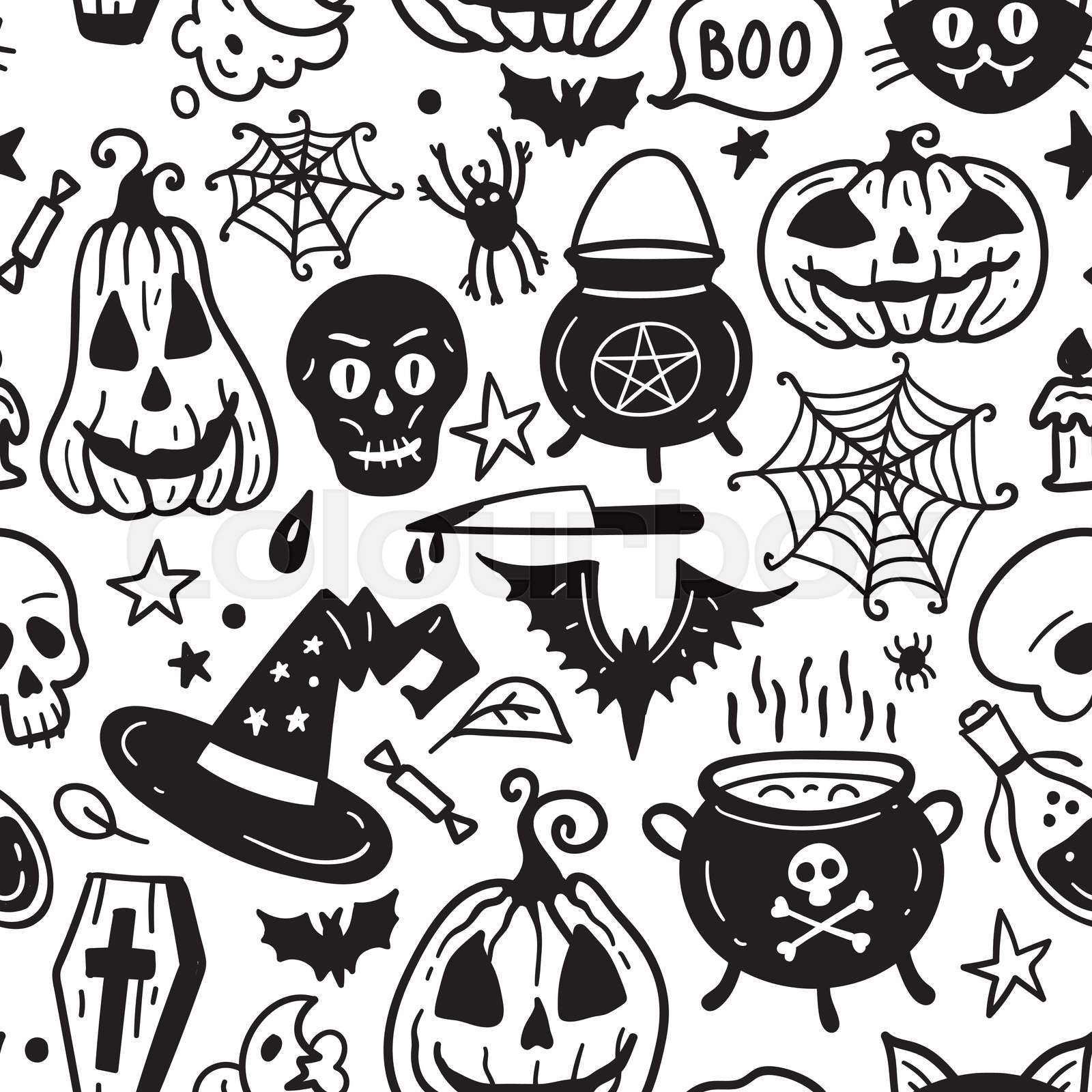 Monochrome seamless pattern of horror Halloween hand drawn doodle ...