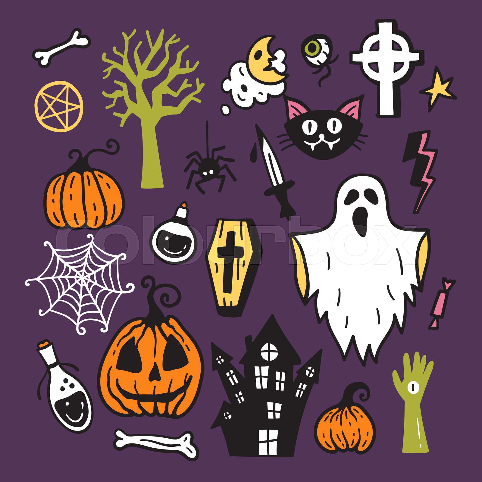 Bright collection of Halloween sticker sketch set. Big set of hand