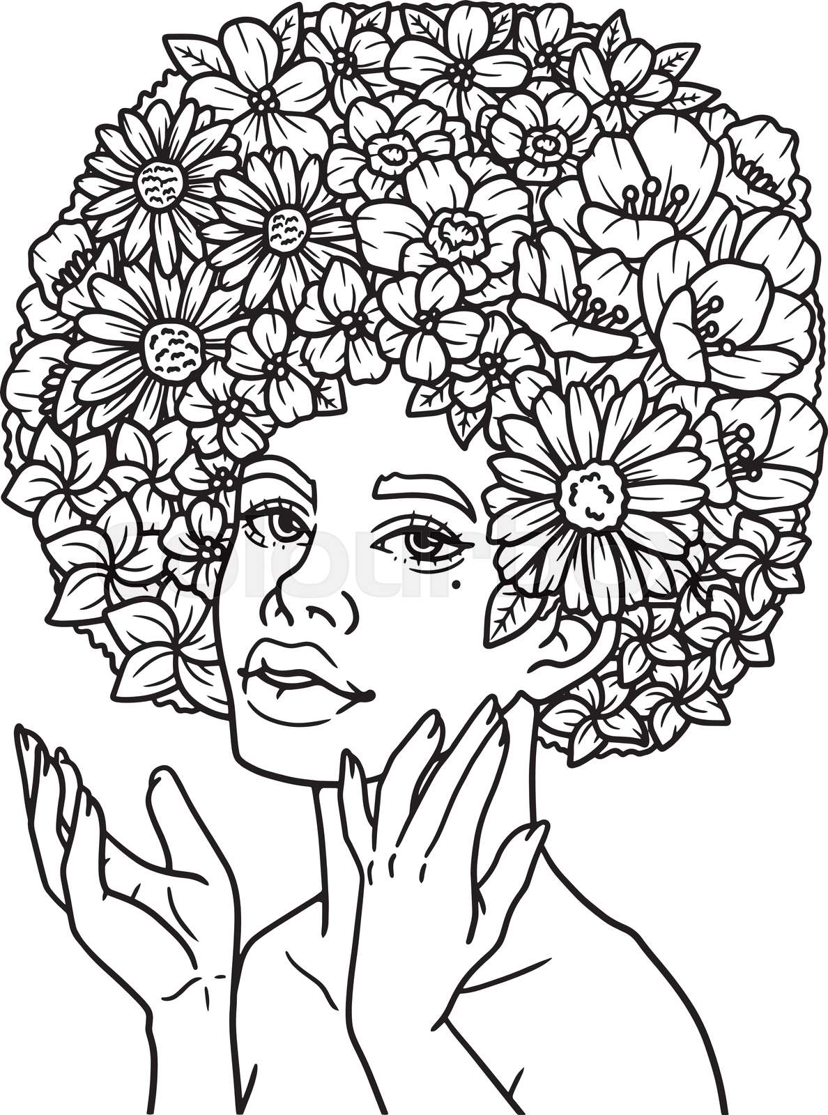 Beautiful Afro American Flower Girl Coloring Page Stock vector