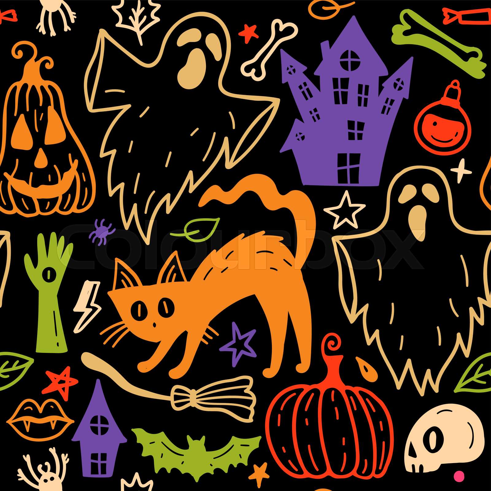 Bright seamless pattern of horror Halloween hand drawn doodle elements ...