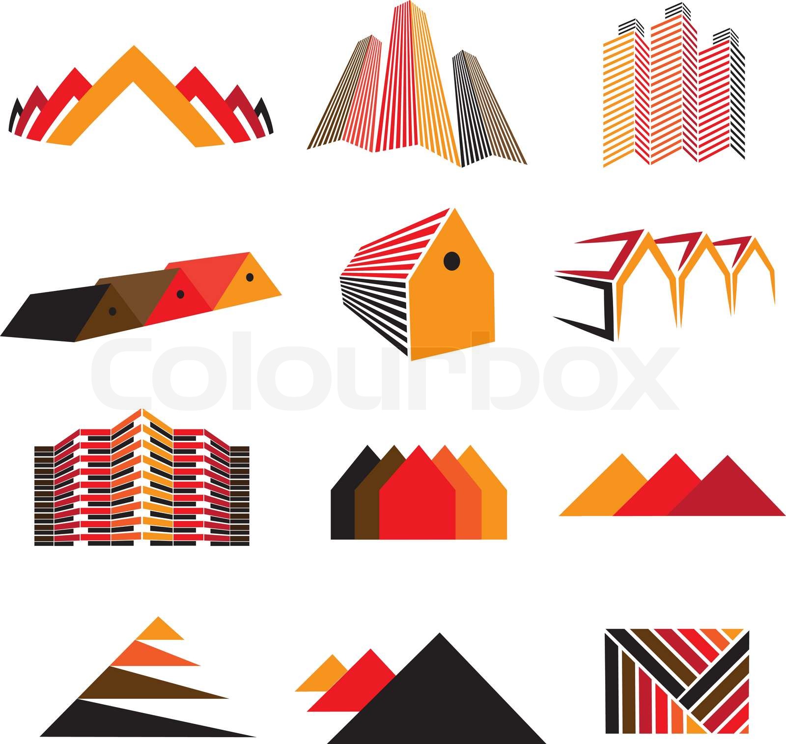 Icons of office buildings, residential houses & homes Also symbols and ...