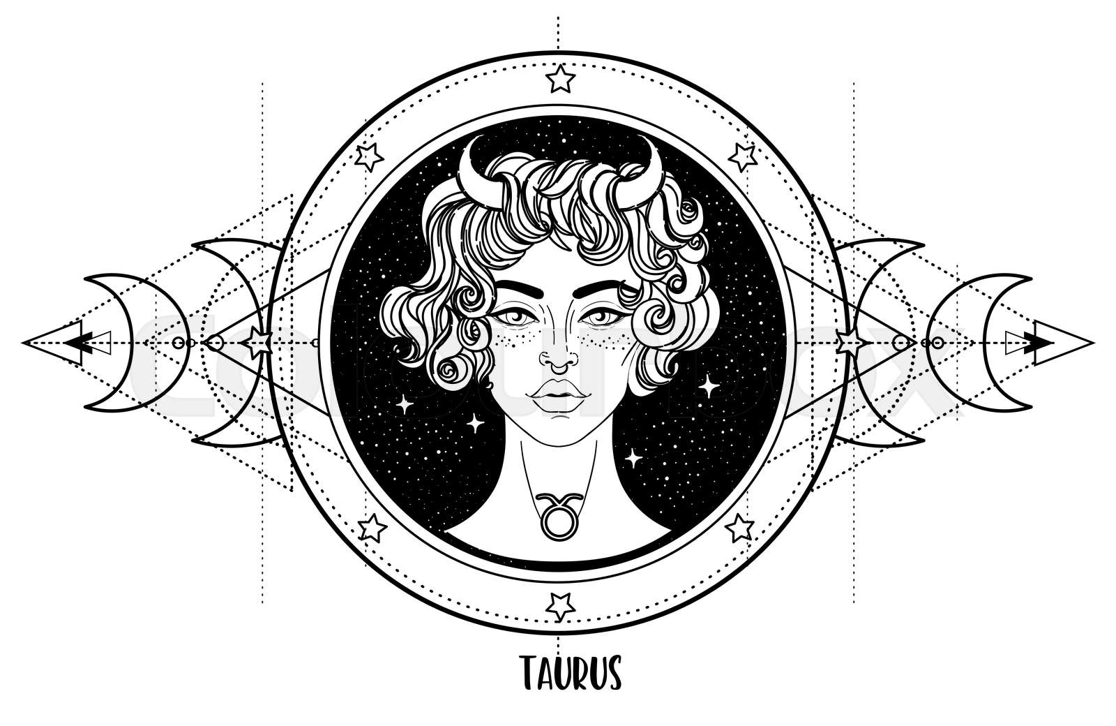 Illustration of taurus astrology sign as a beautiful girl over sacred