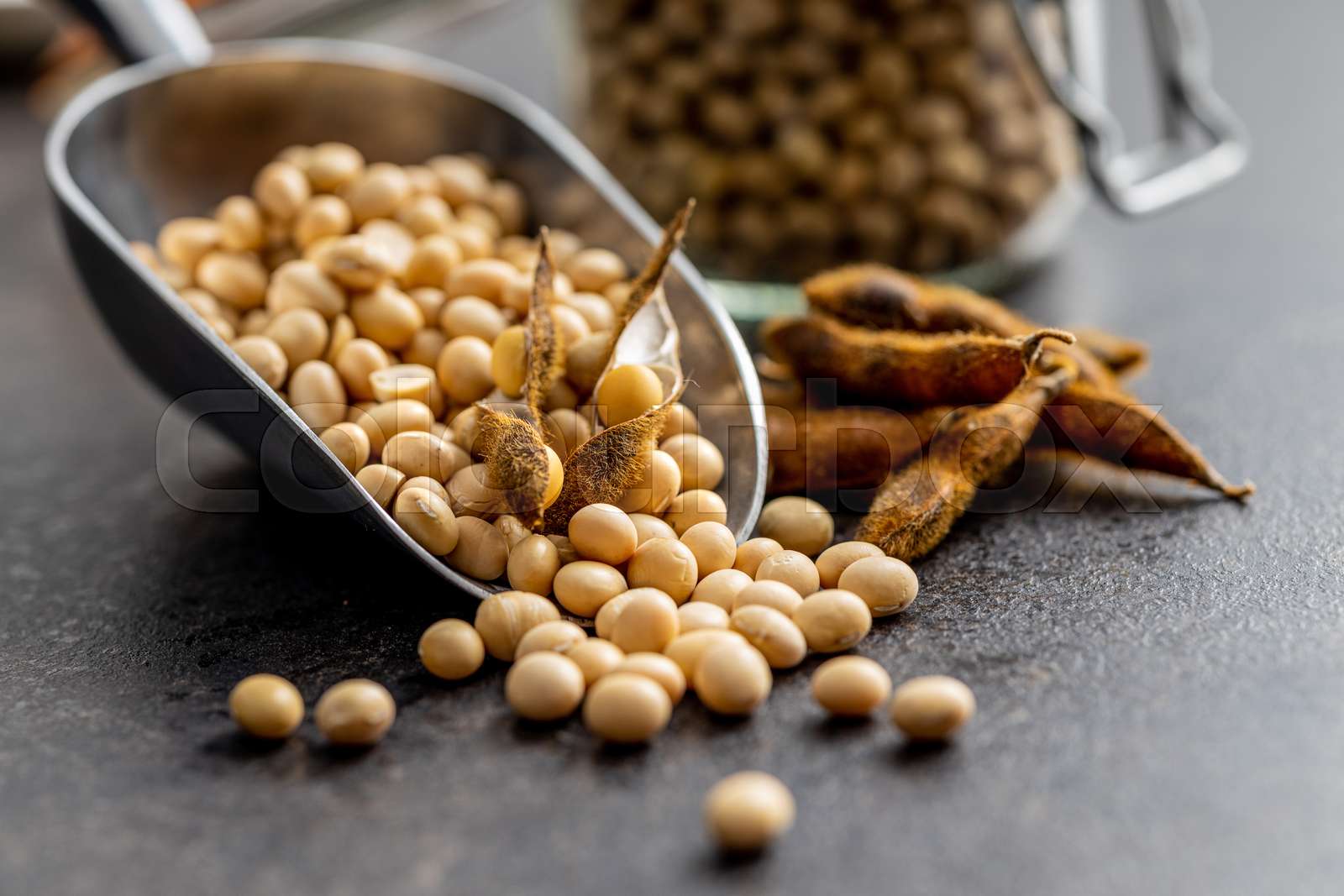Soy beans. Dried soybean pod in scoop on black table. Stock image