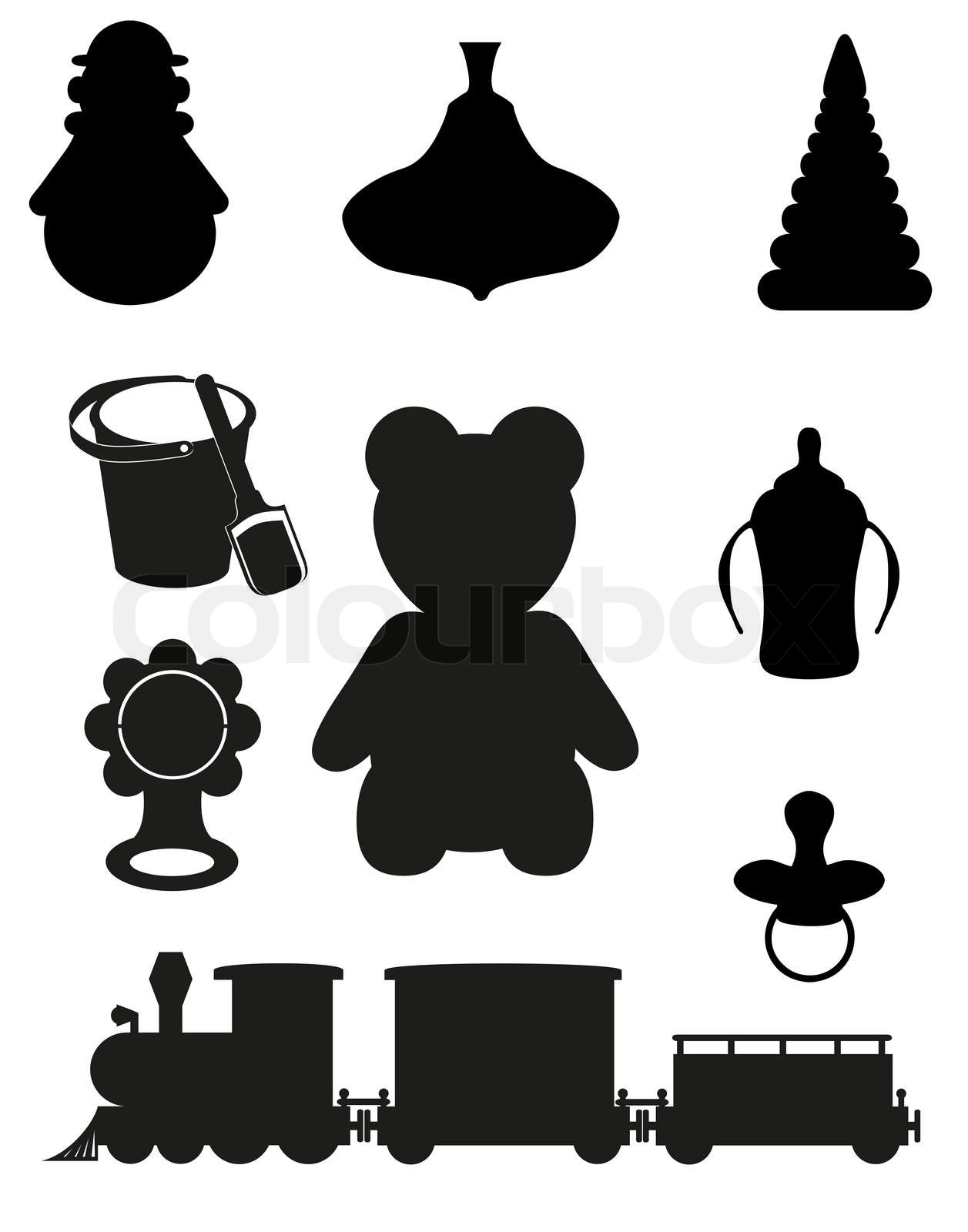 icon of toys and accessories for babies and children black silhouette