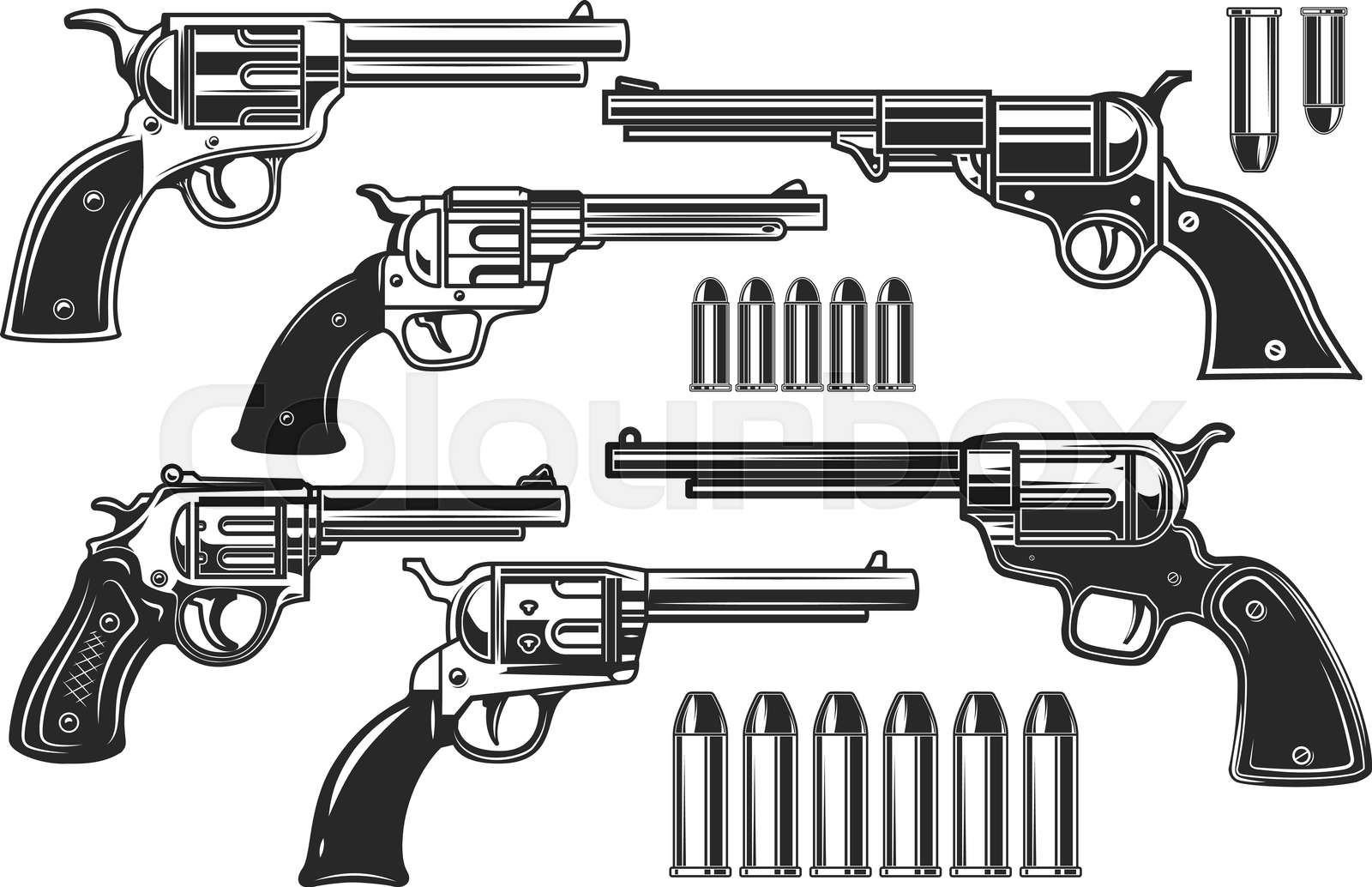 Set of illustrations of revolvers and cartridges. Design element for ...