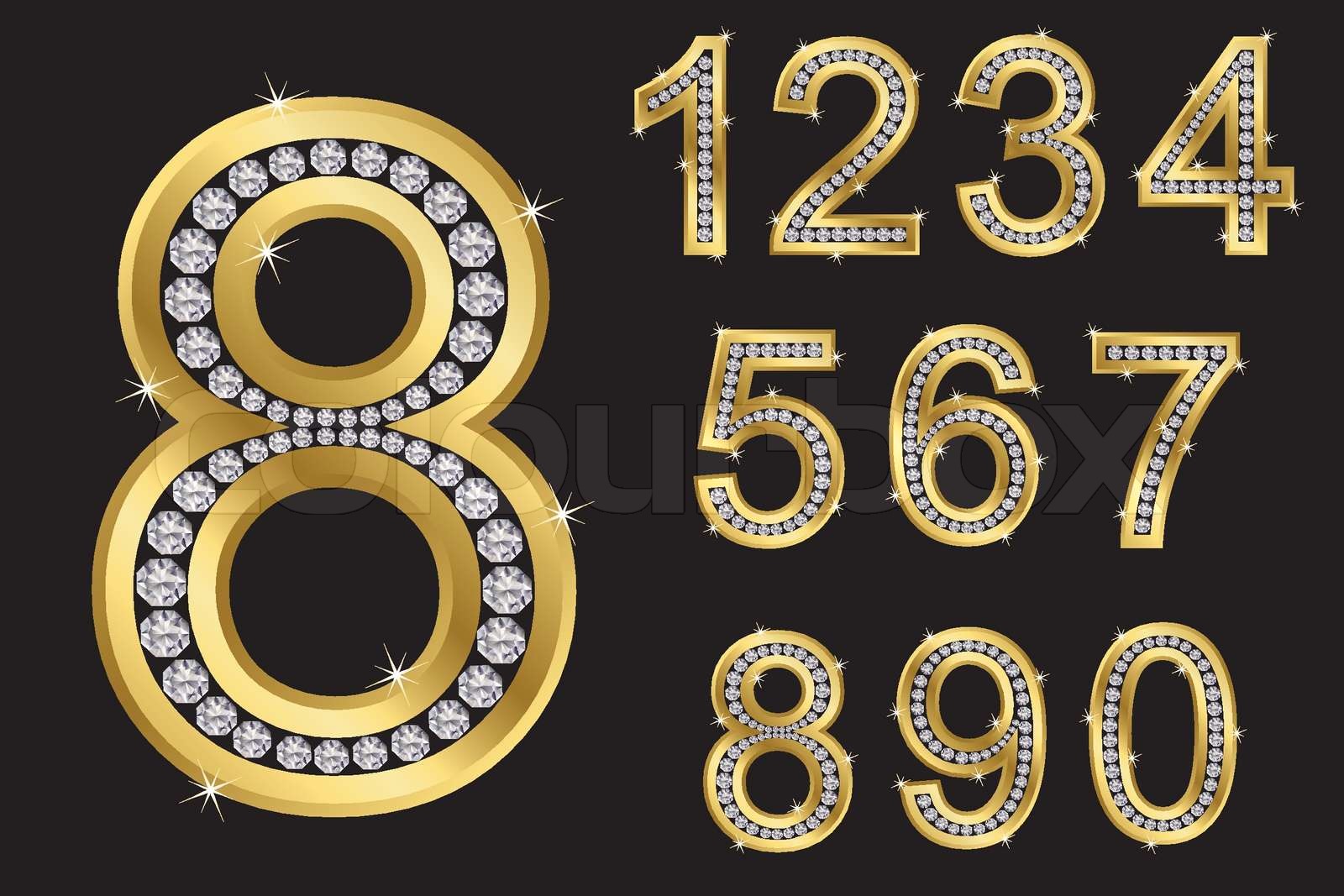 Numbers set, from 1 to 9, gold with diamonds, vector illustration ...