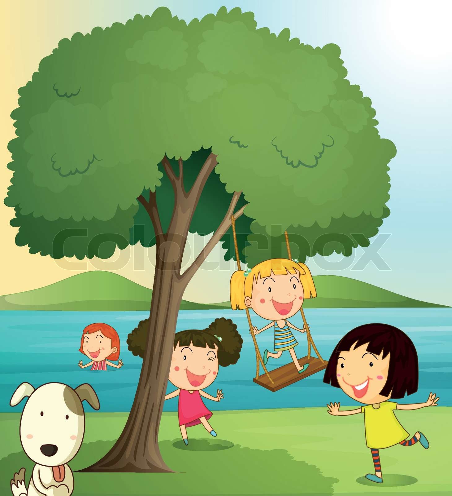 illustration of girls playing under tree in a beautiful nature | Stock