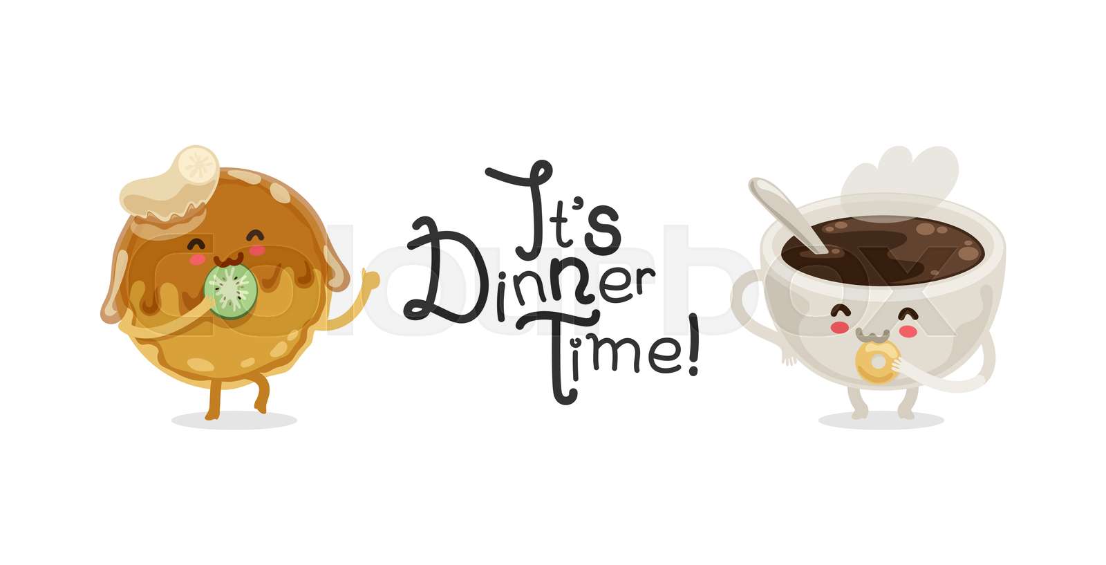 Dinner Time Lettering With Cartoon Food Characters Stock Vector 