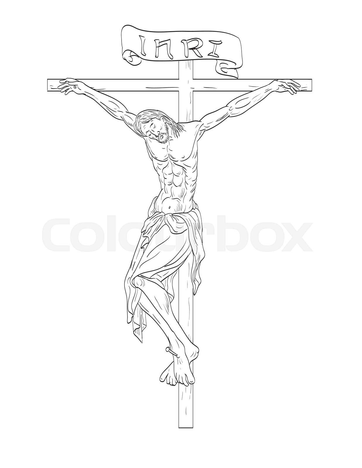 Jesus Christ On The Cross Medieval Style Line Art Drawing Stock 