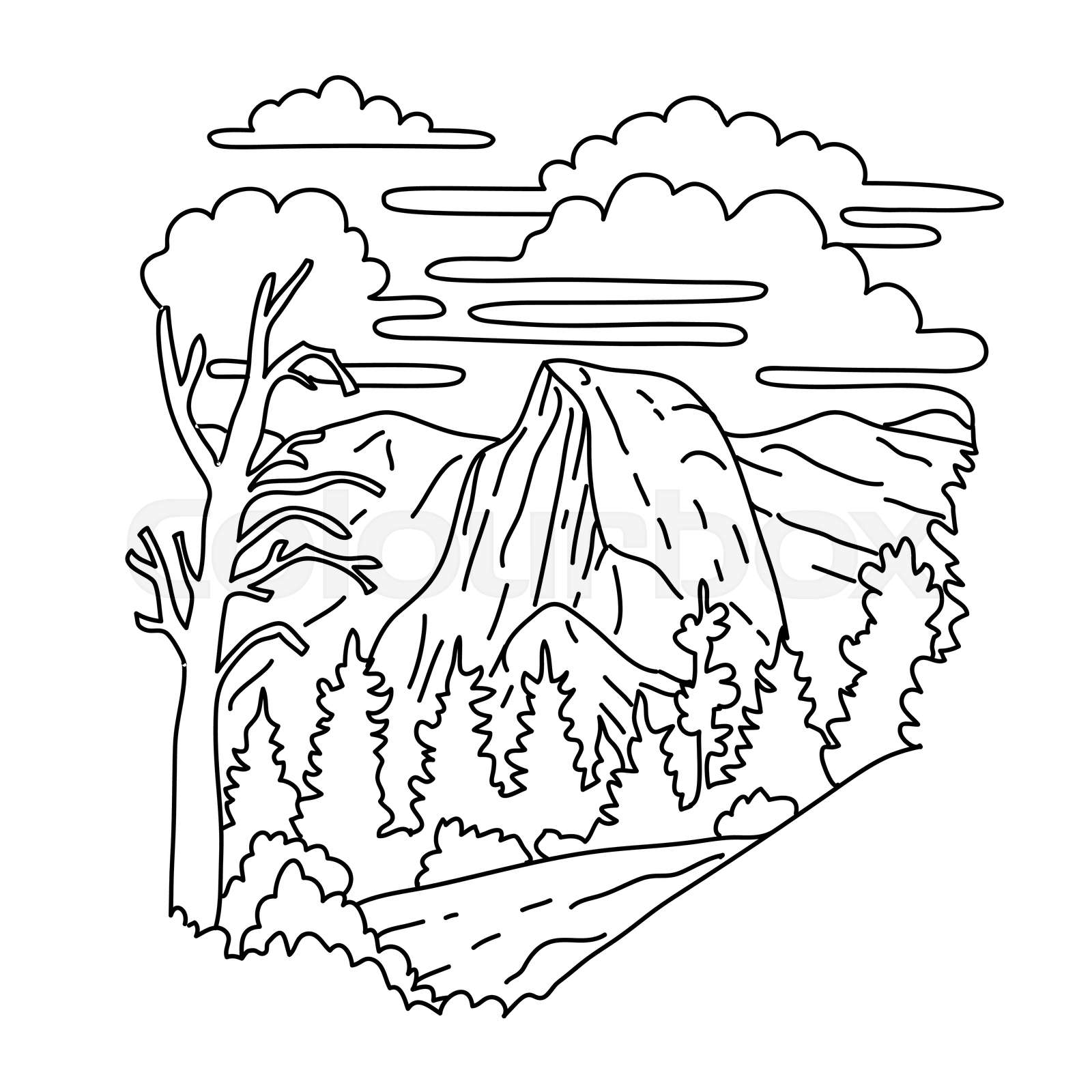 Sentinel Dome in Yosemite National Park California Monoline Line Art