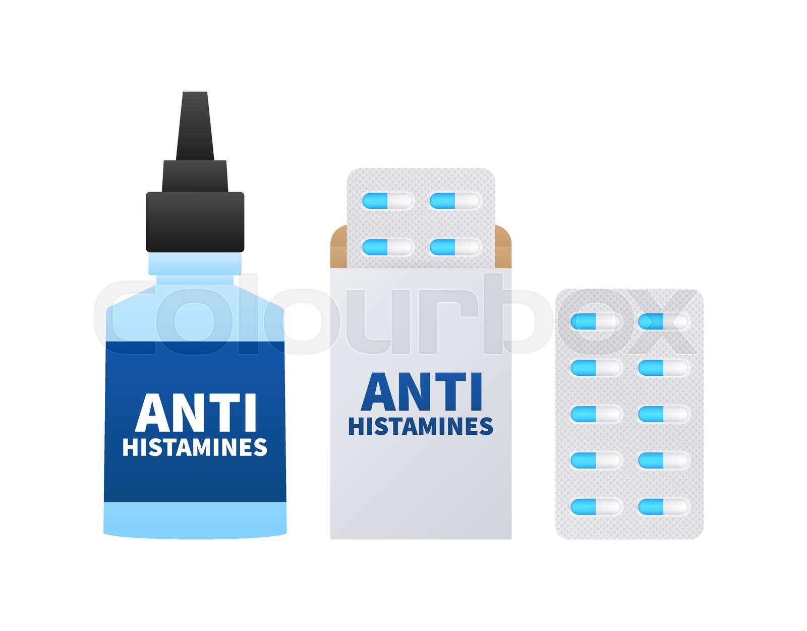 Antihistamine Tablets, pills and drops. Anti allergy medicine. Vector ...