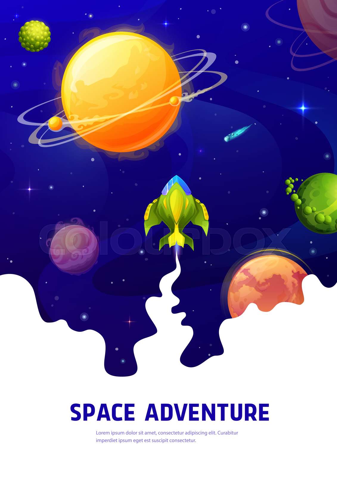 Space adventure poster cartoon starship in galaxy stock vector