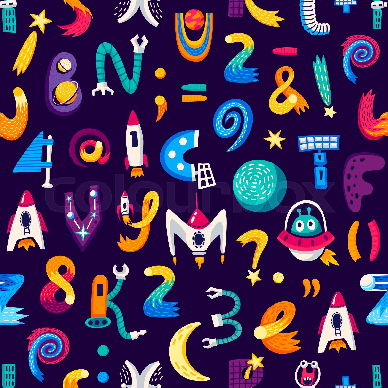 kids-space-cartoon-letters-and-numbers-pattern-stock-vector-colourbox