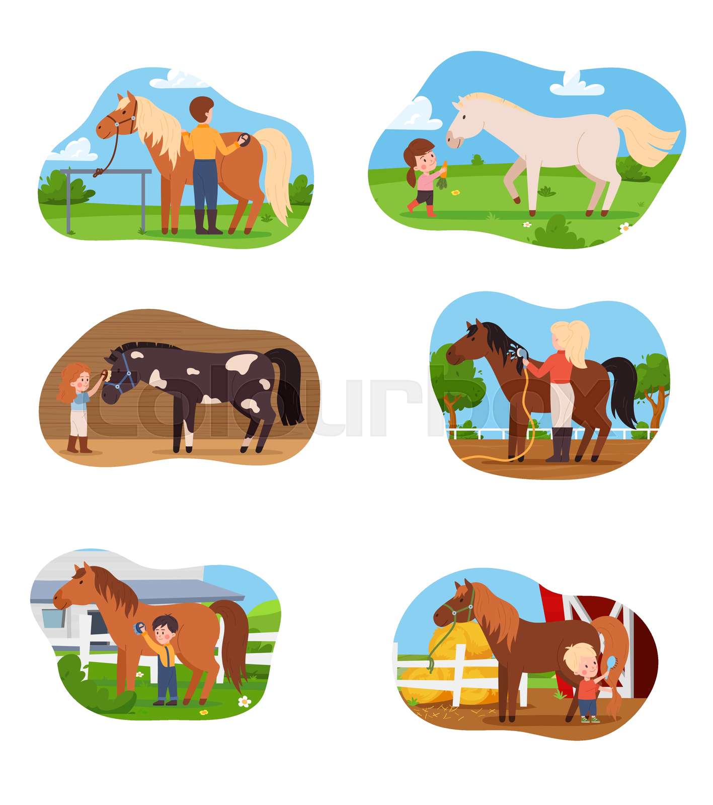 Kids and adults cleaning and grooming horses, flat vector illustration
