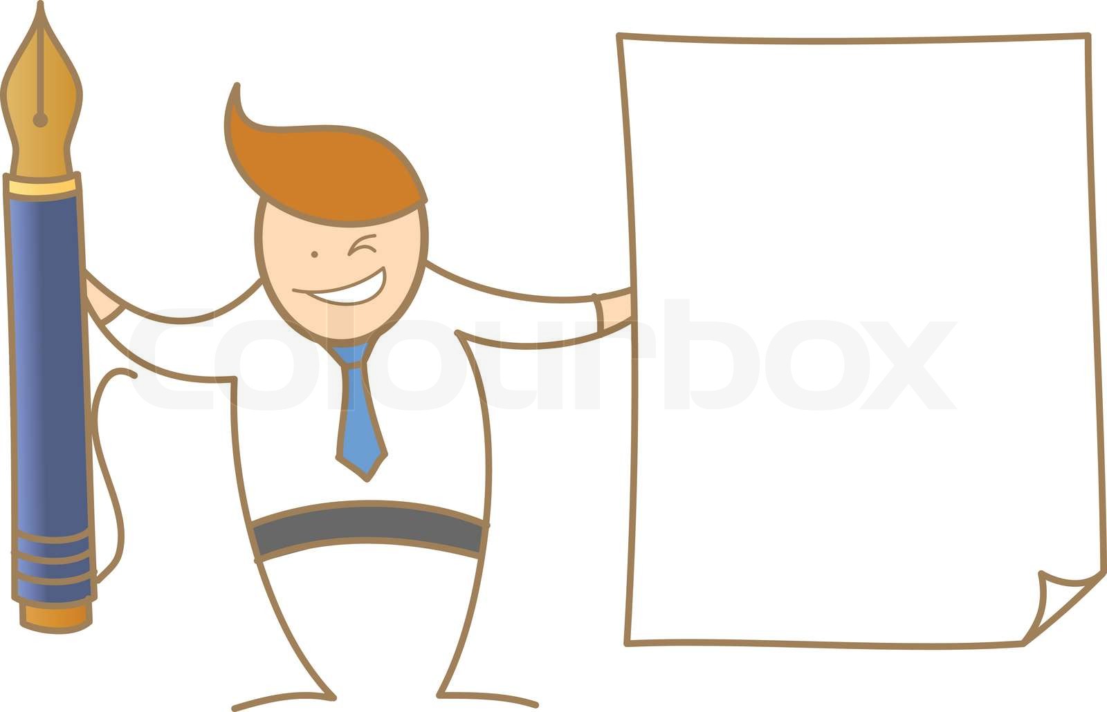 cartoon character ofman showing pen ad paper for signing document ...