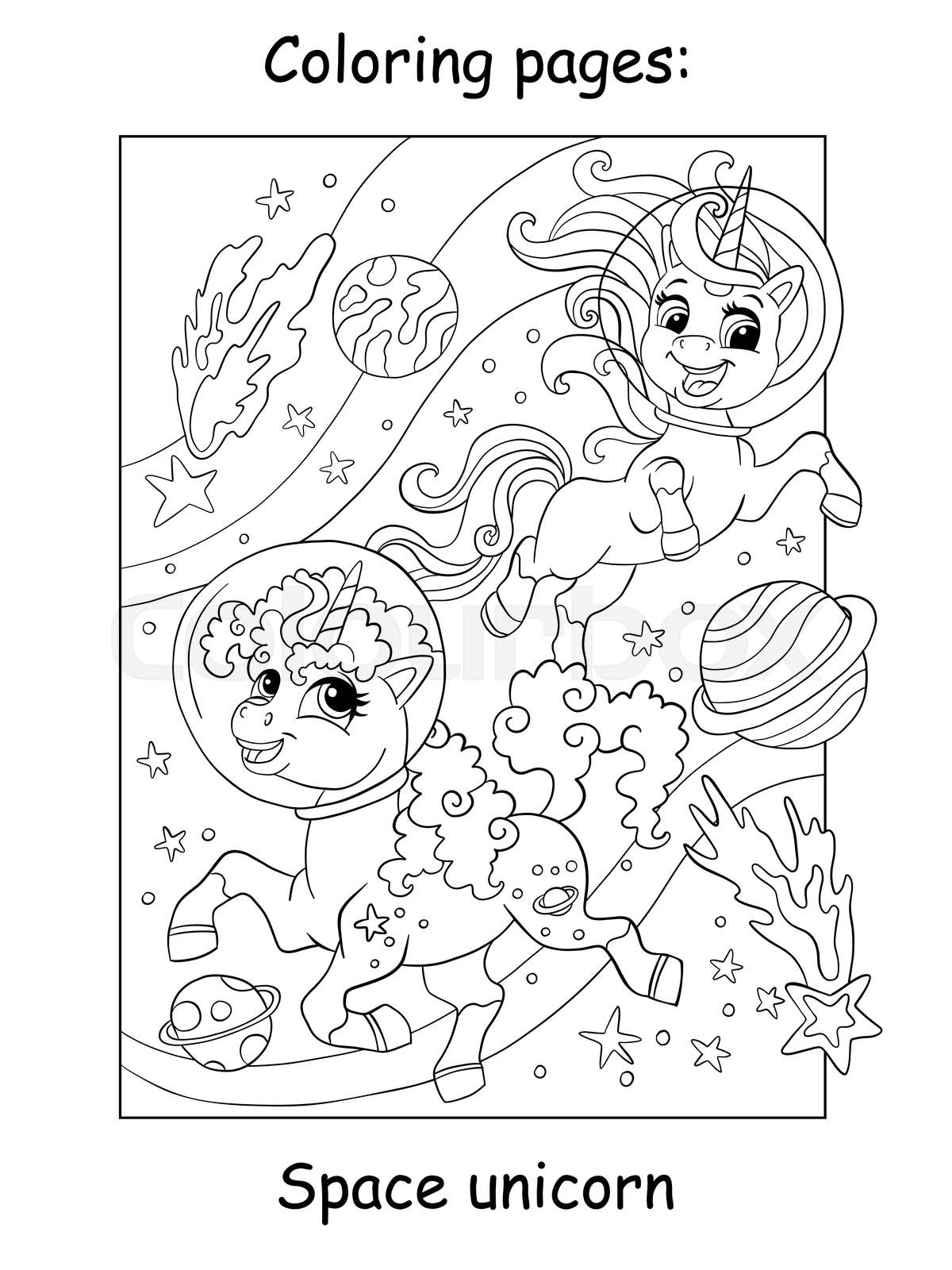 Cute unicorns in space coloring book page | Stock vector | Colourbox