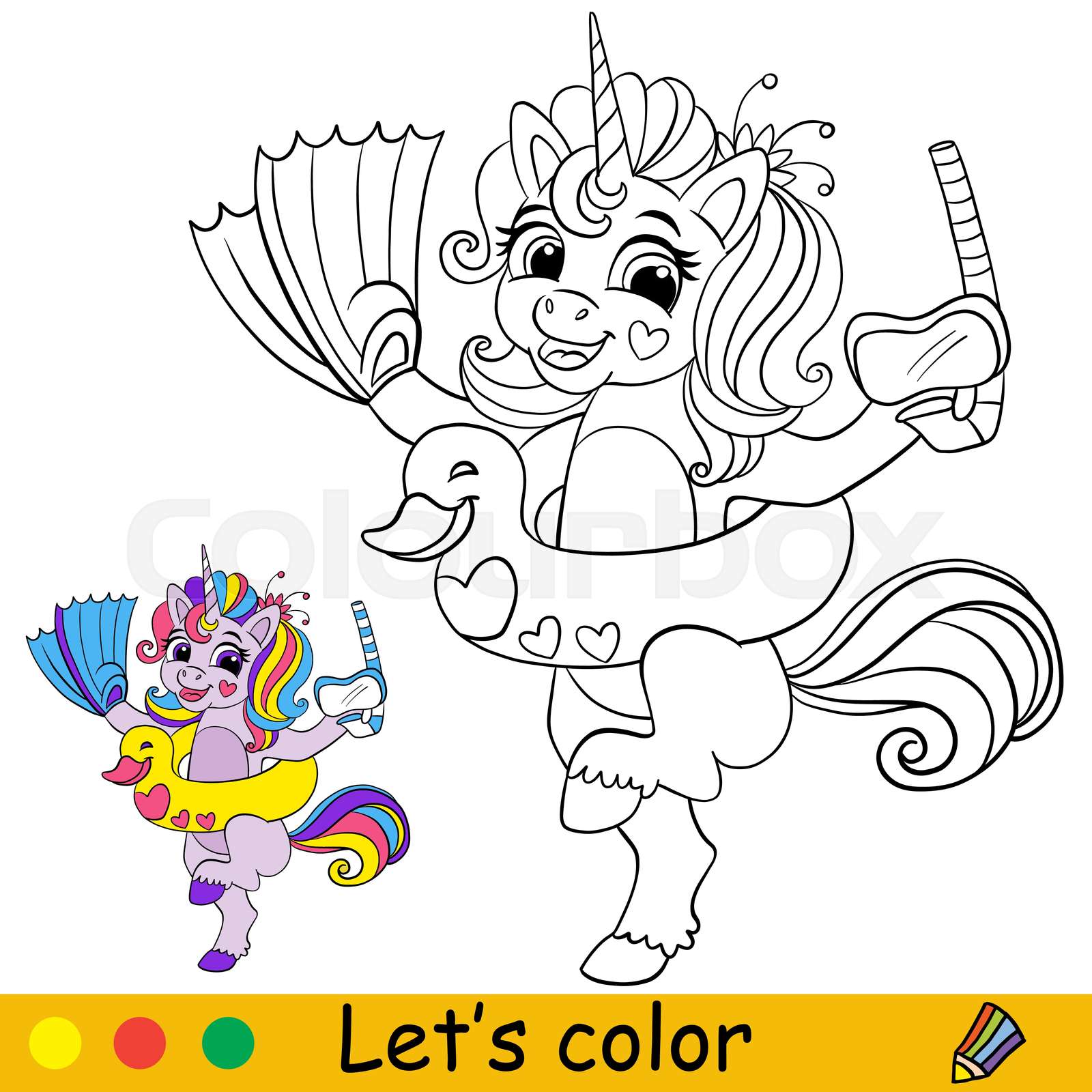 Cartoon unicorn with swimming circle duck coloring book page vector ...