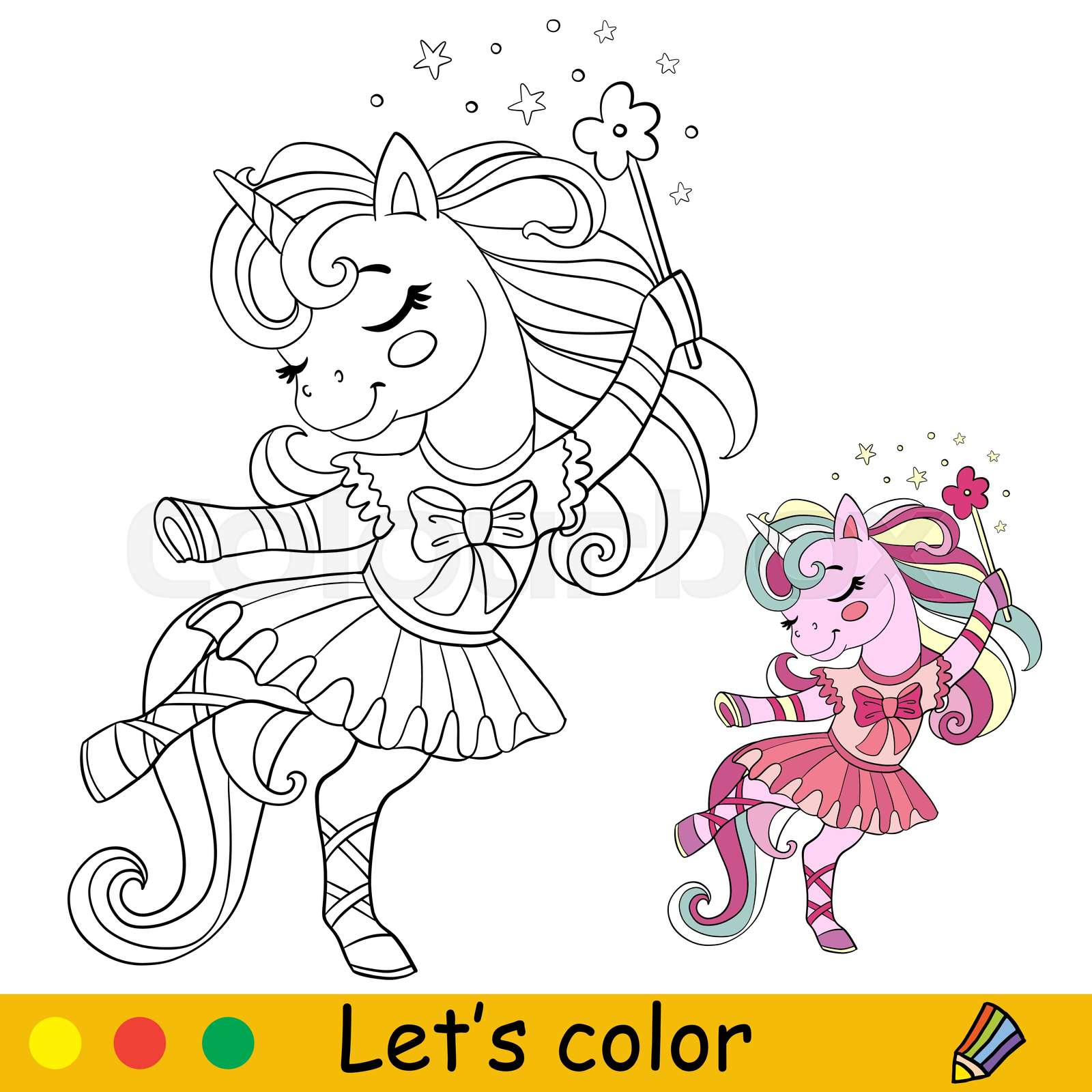 Cartoon unicorn ballerina in dress coloring book page vector | Stock ...