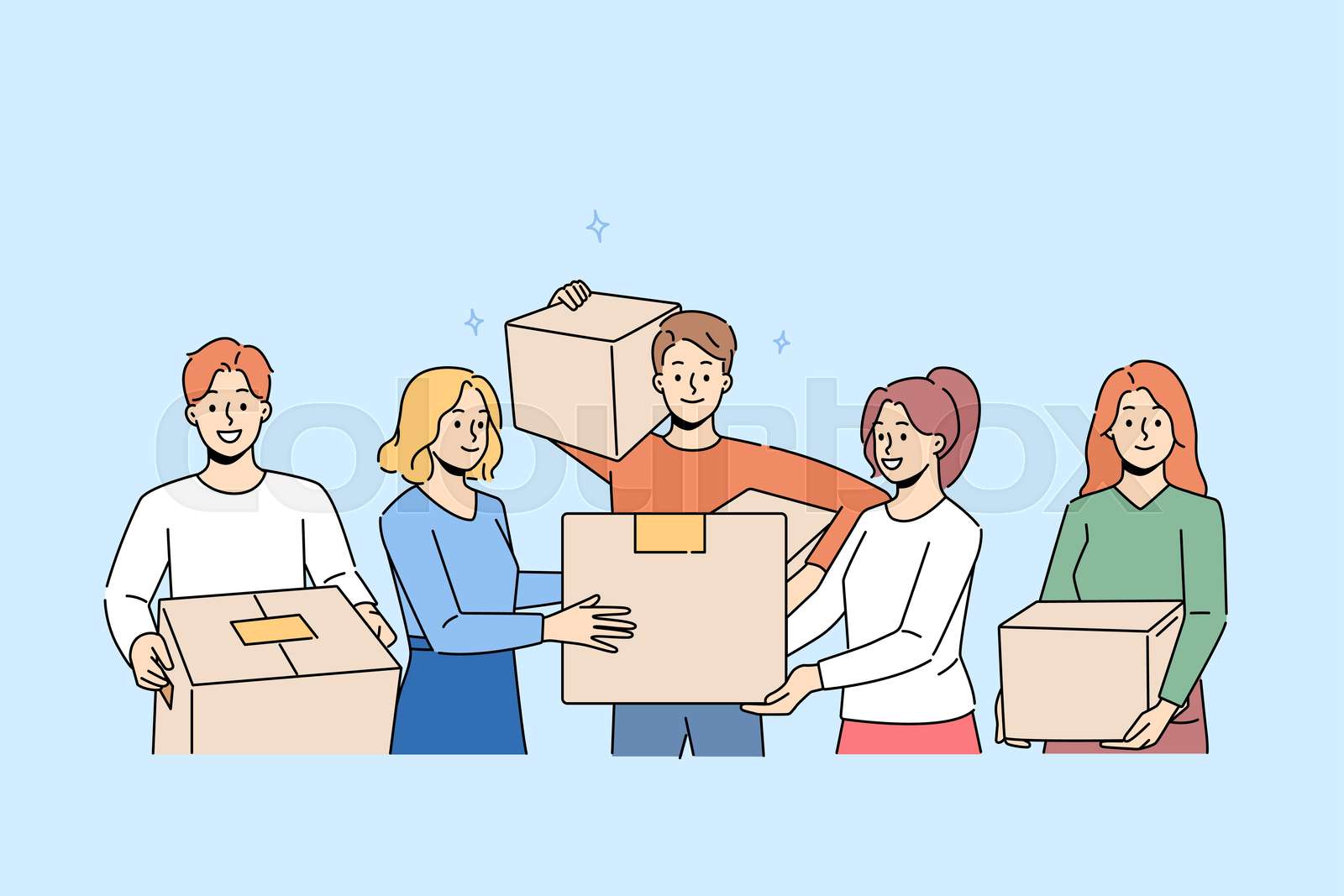 Smiling people with boxes moving together | Stock vector | Colourbox