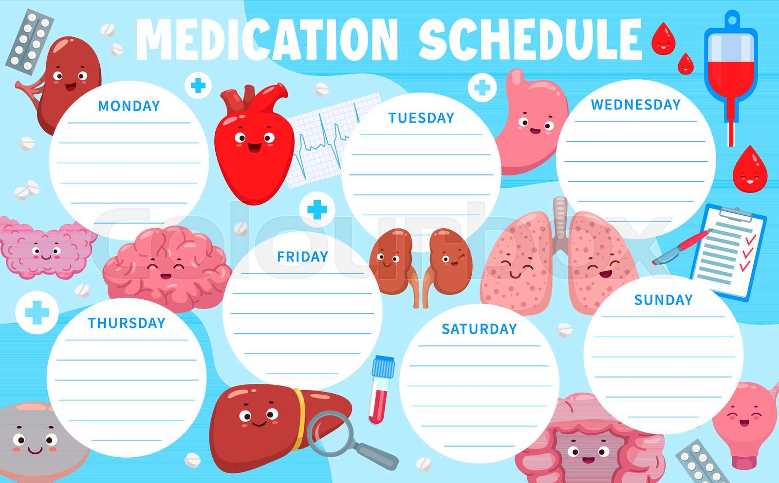 Medication schedule cartoon body organ characters | Stock vector ...