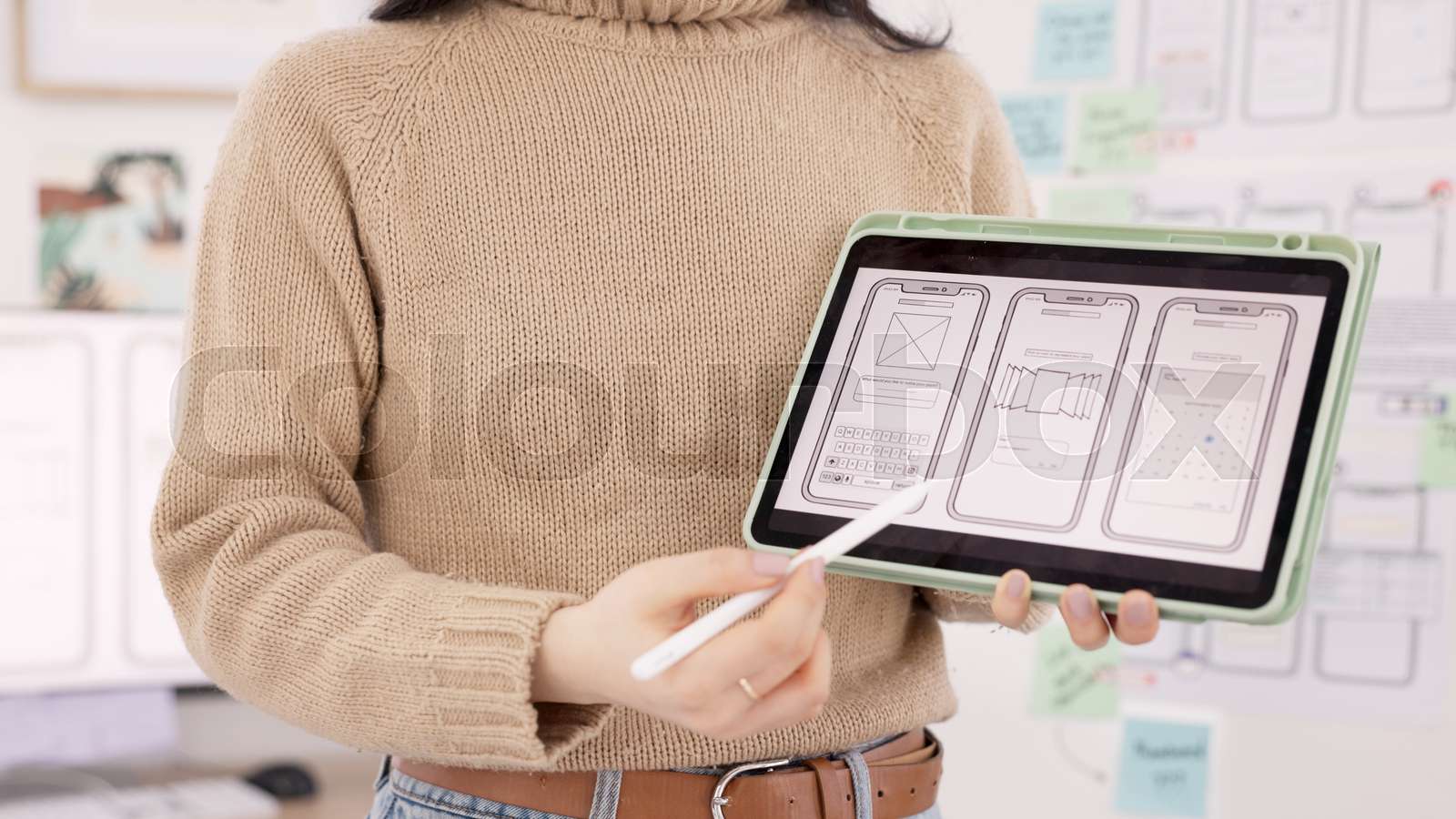 App, developer and woman with hands on tablet design screen for ...
