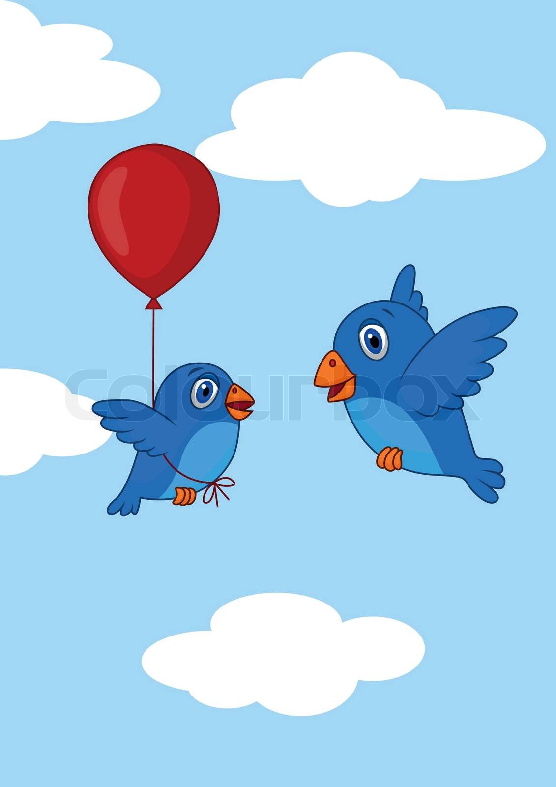 Baby bird cartoon learn how to fly using balloon | Stock vector | Colourbox