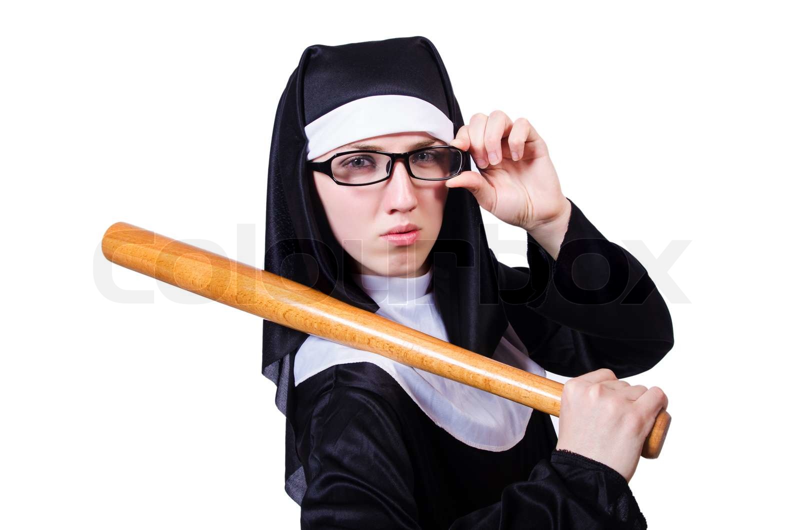 nun-with-baseball-bat-on-white-stock-image-colourbox