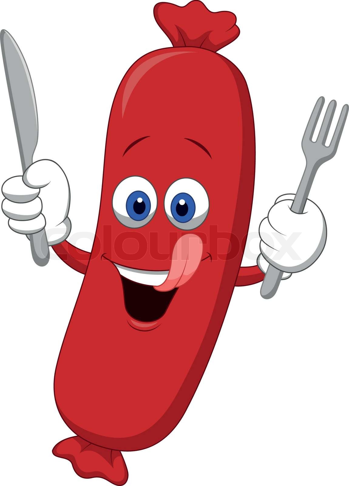Happy Sausage Cartoon Mascot Character With Fork and Knife Stock