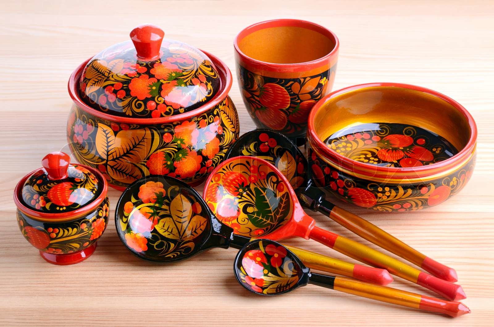 Russian khokhloma kitchen utensils | Stock image | Colourbox