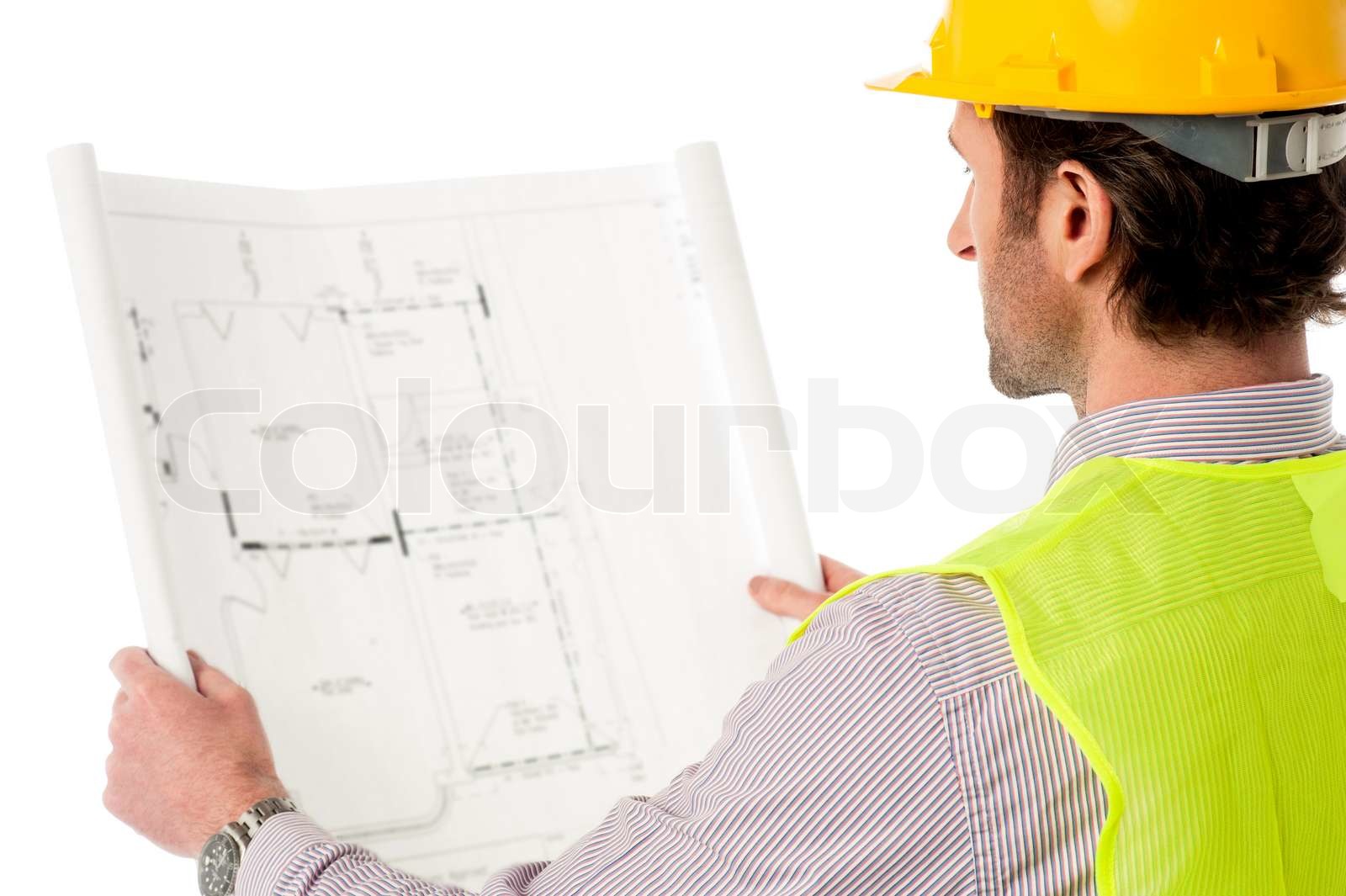 Man wearing hard hat reviewing the plan Stock image Colourbox