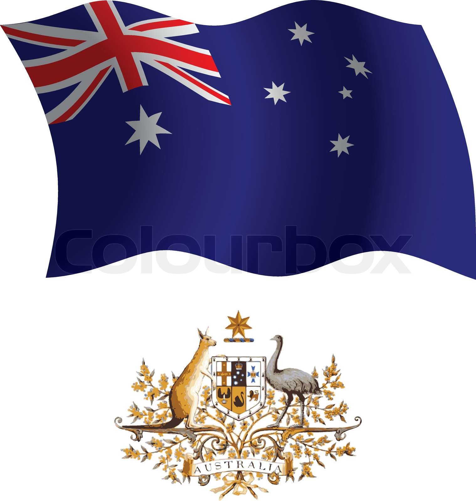 Australien wellig Flagge und Wappen vor weißem Hintergrund, Vektor