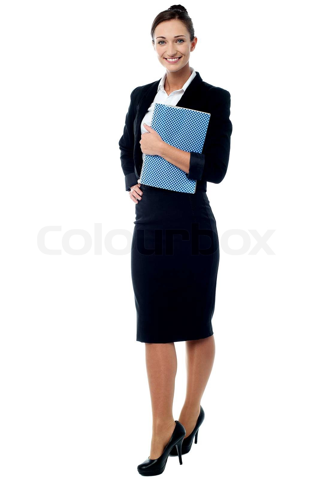 Büro Sekretärin posiert mit notebook Stock Bild Colourbox