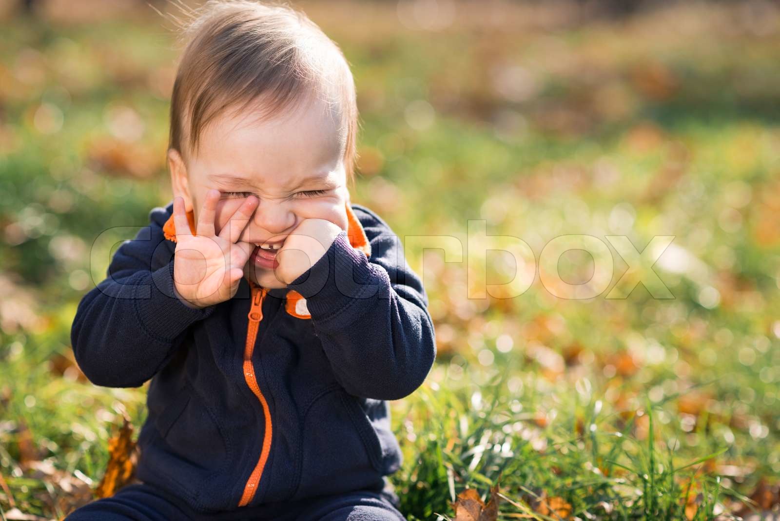 Junge sitzt auf dem Rasen und hamming Stock Bild Colourbox