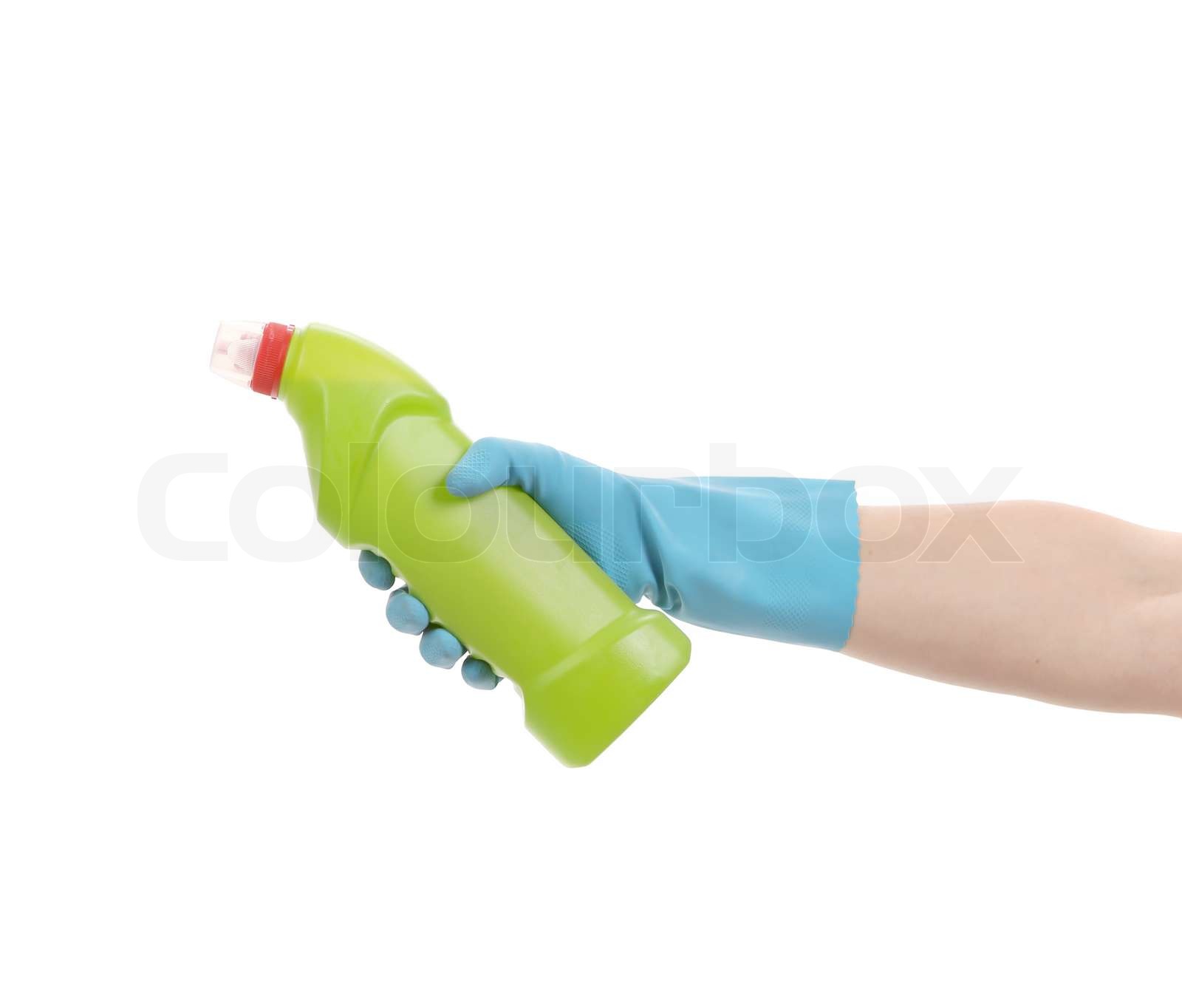 Hand im Handschuh hält grüne Flasche Stock Bild Colourbox