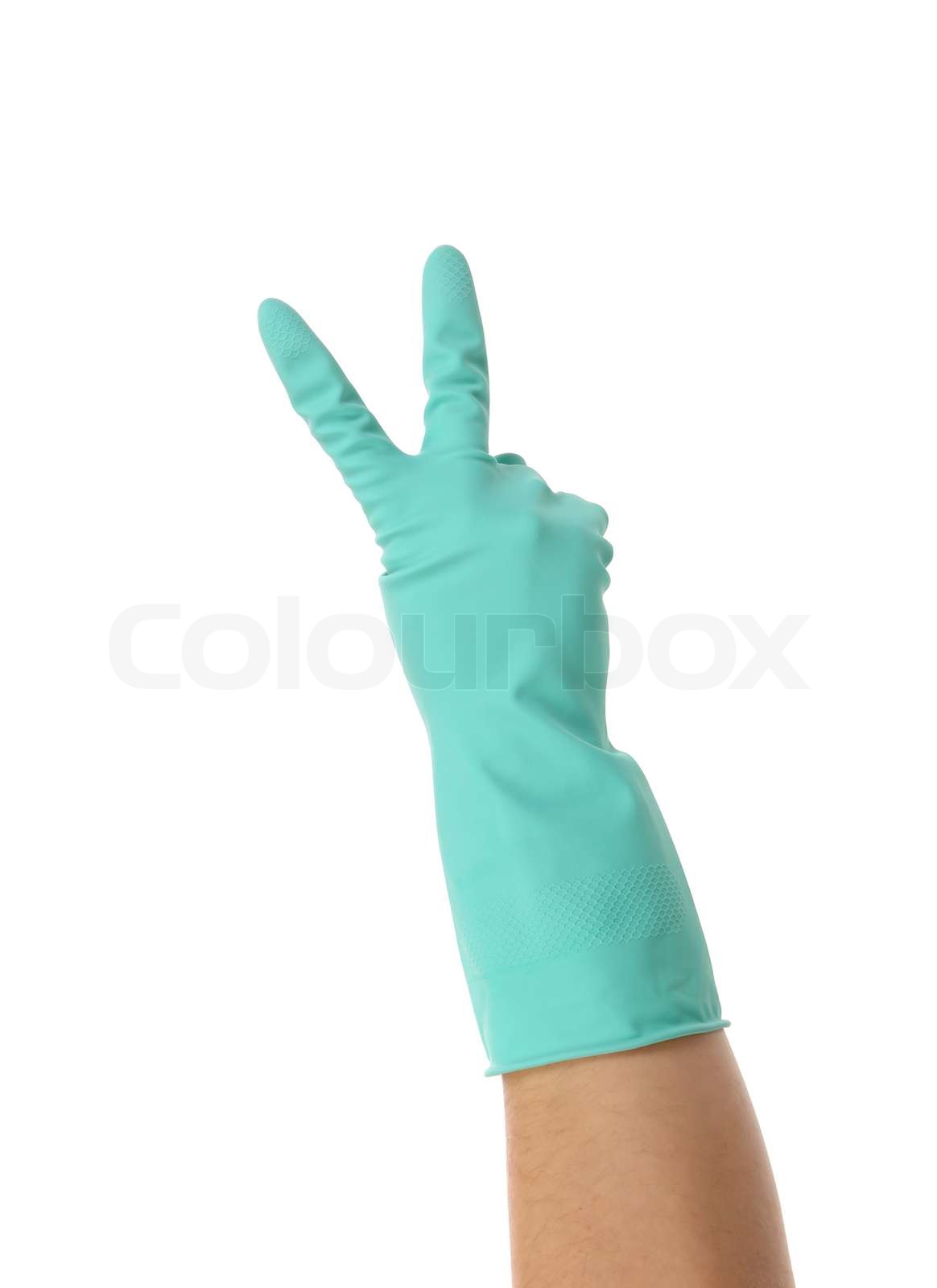 Hand zeigt zwei in Gummihandschuh | Stock Bild | Colourbox