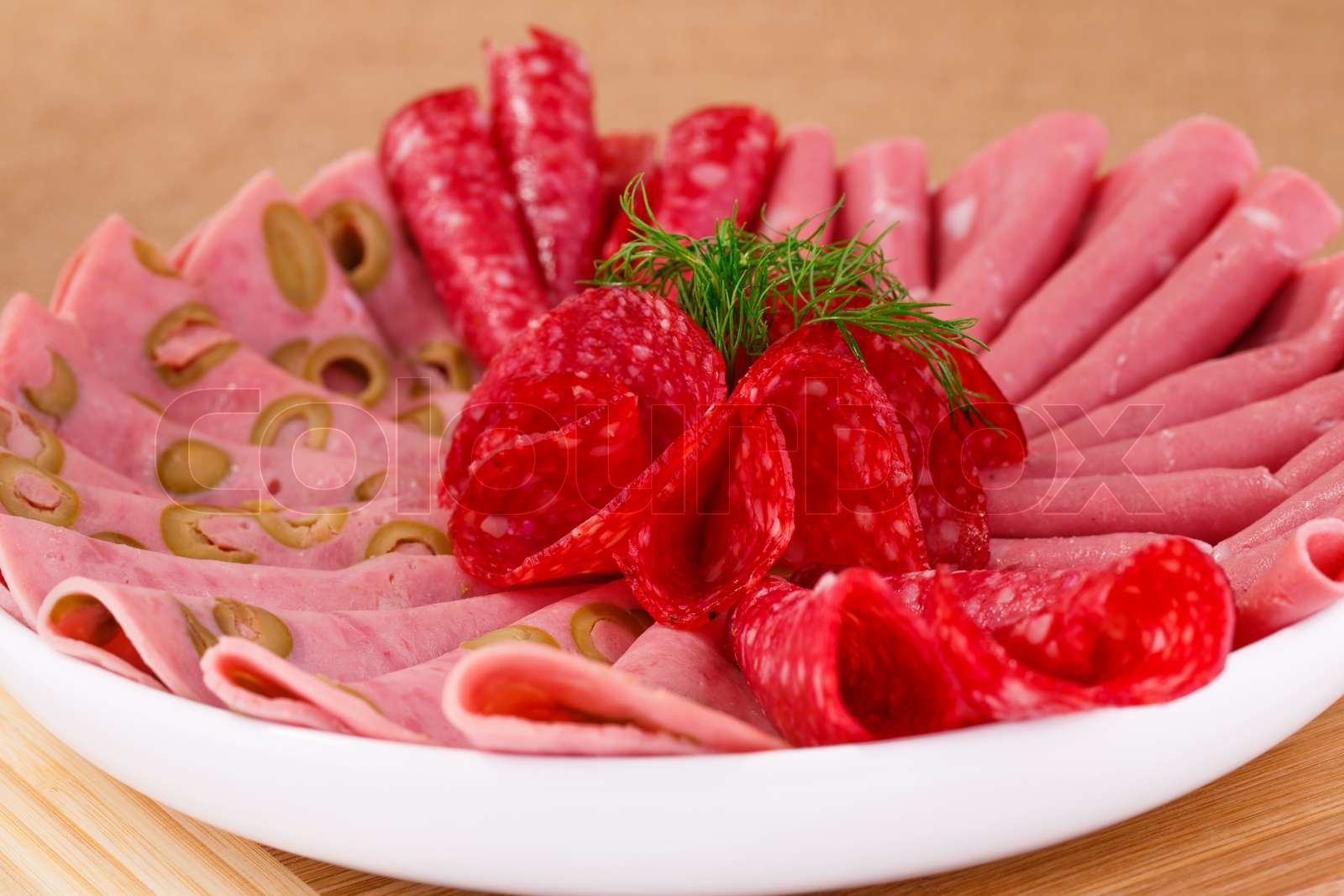 Salami , mortadella og bacon Stock foto Colourbox