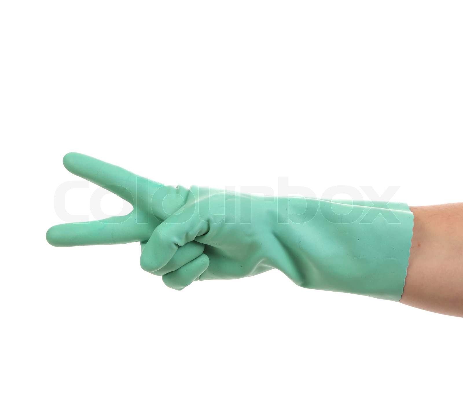 Hand zeigt zwei in Gummihandschuh | Stock Bild | Colourbox