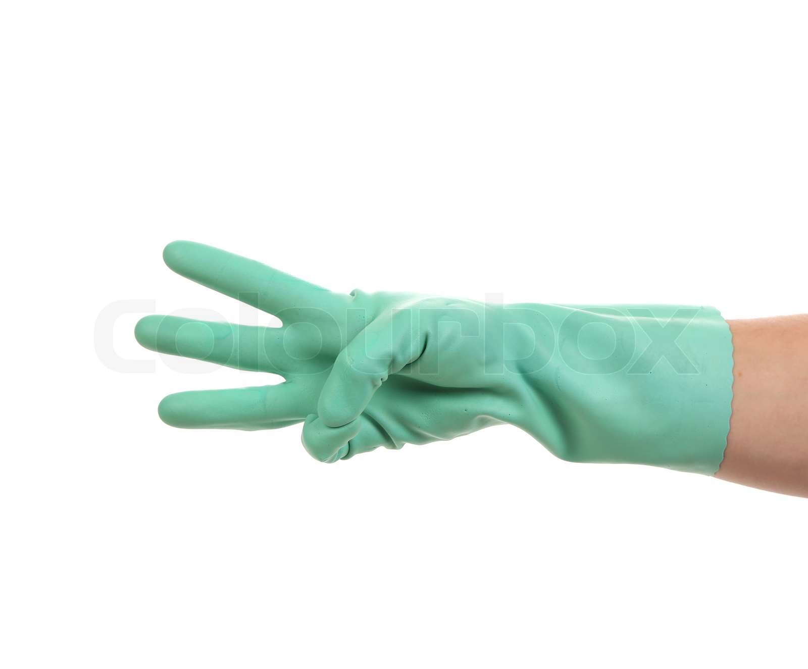 Hand zeigt drei in Gummihandschuh | Stock Bild | Colourbox