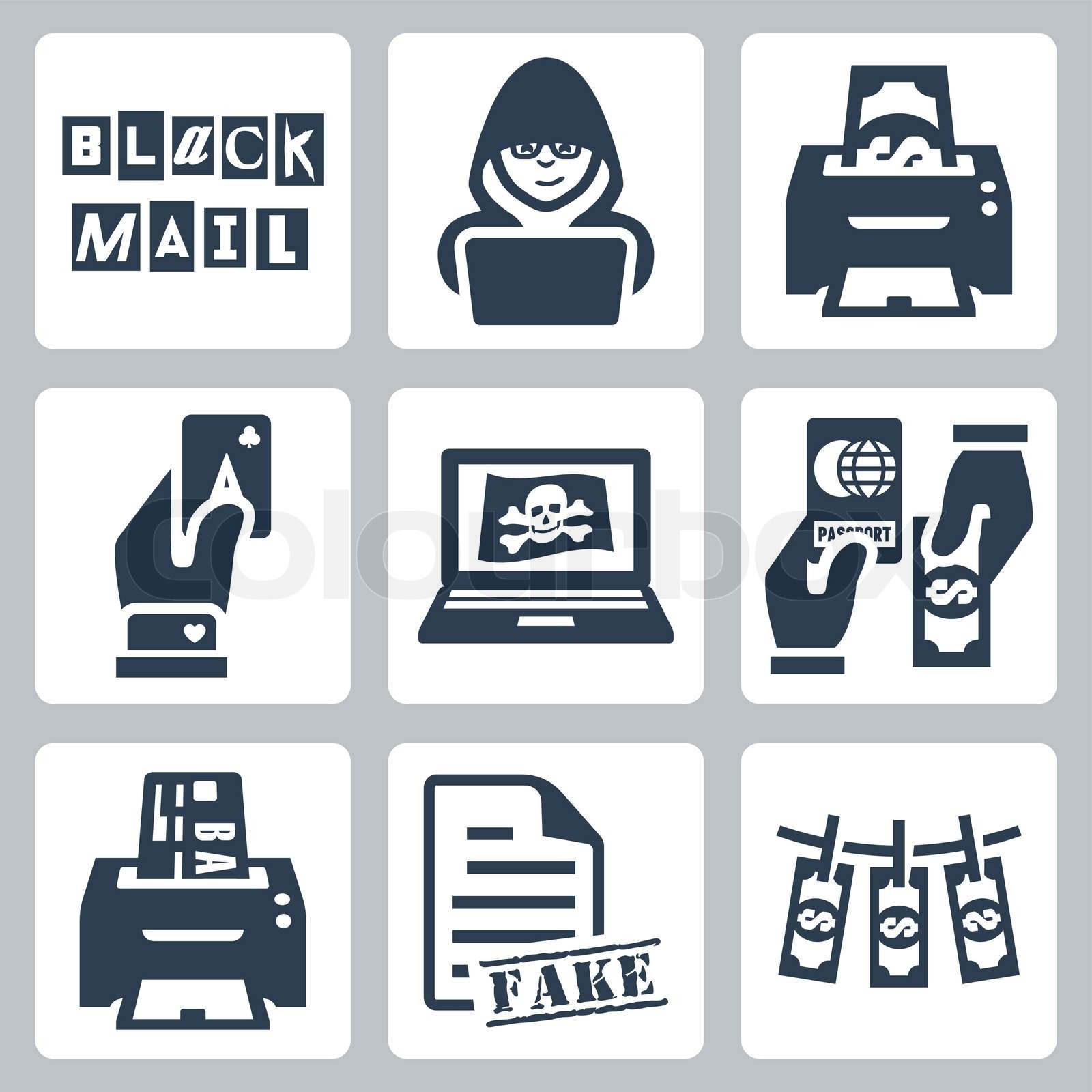 Vector criminal activity icons set: blackmail, hacking, counterfeiting ...