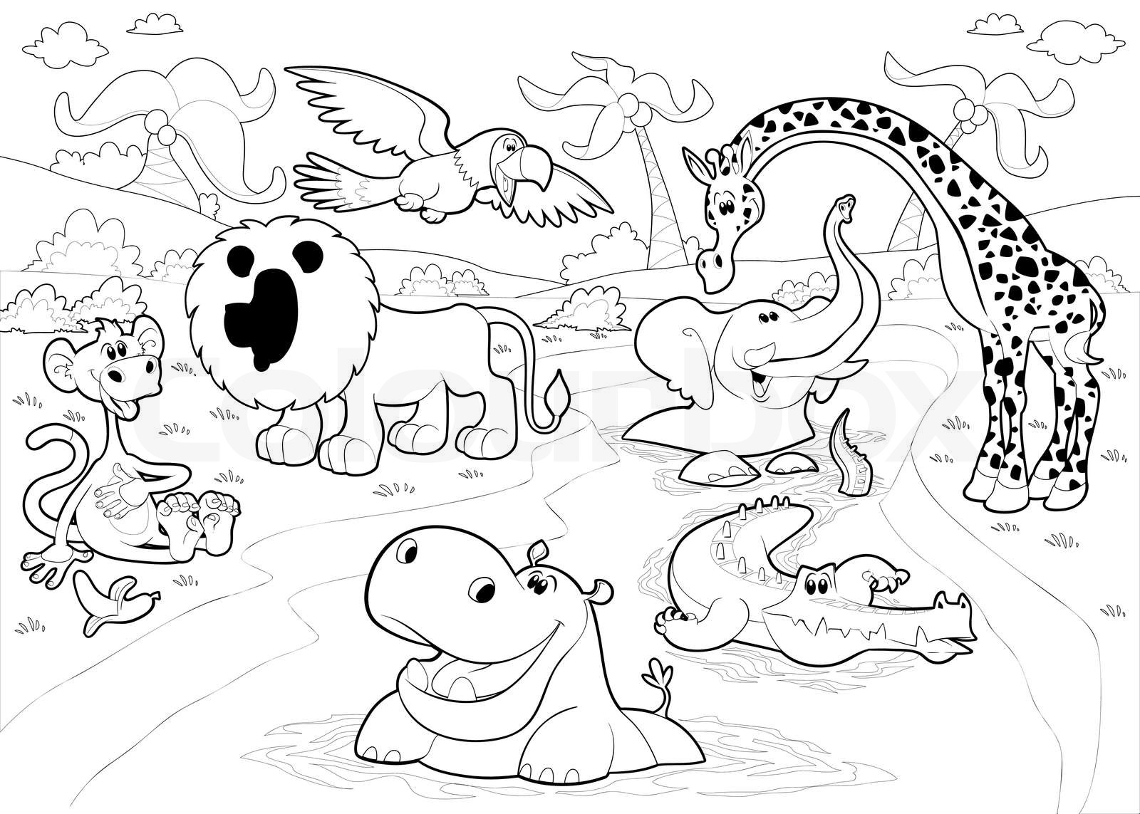 African animals in the jungle in black and white. | Stock vector