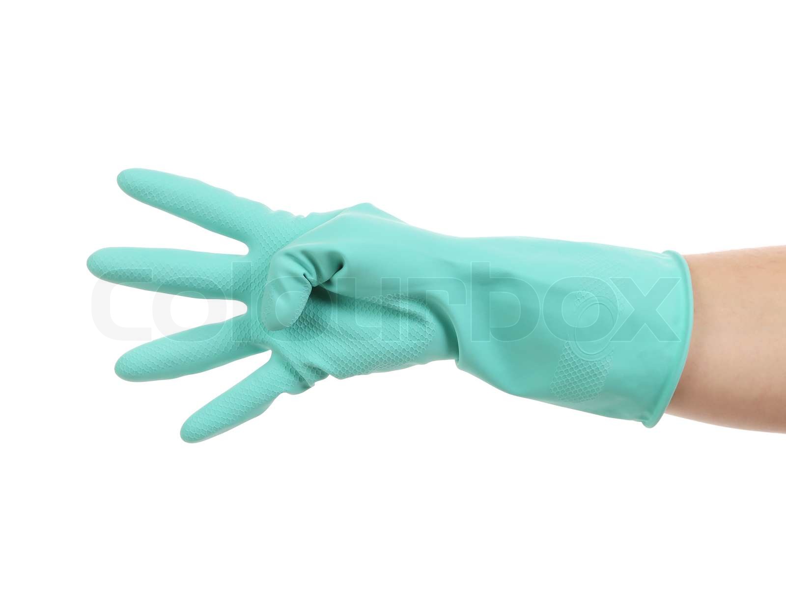 Hand zeigt vier in Gummihandschuh. | Stock Bild | Colourbox