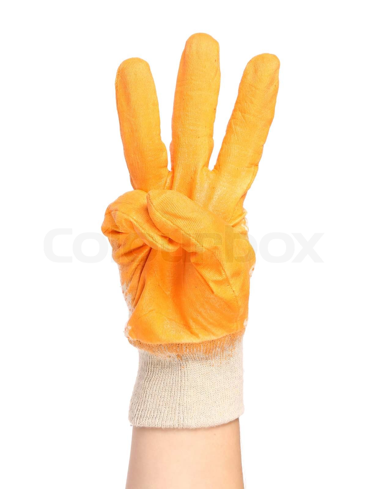 Hand in Gummihandschuh zeigt drei. | Stock Bild | Colourbox