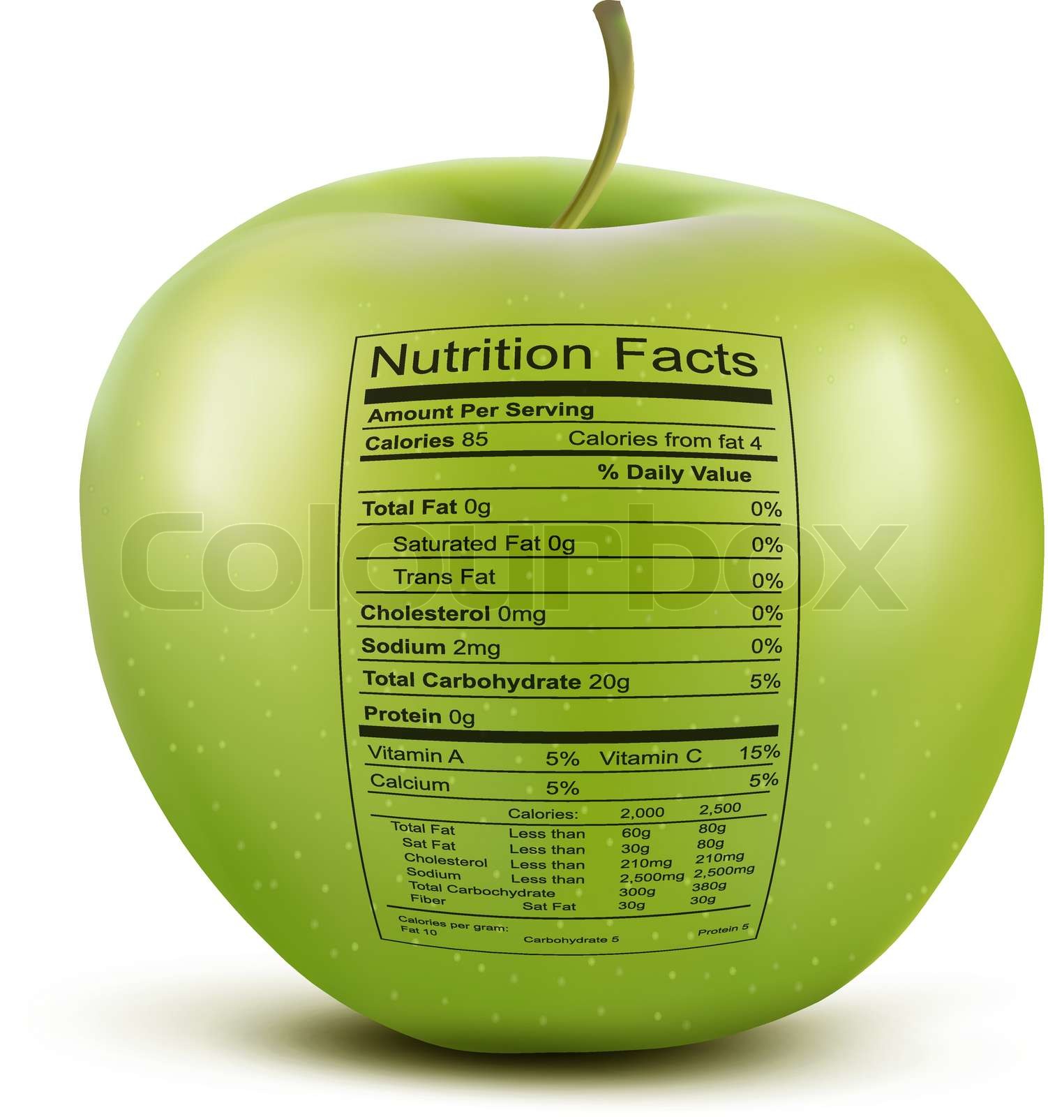 Apple with nutrition facts label. Concept of healthy food. Vector