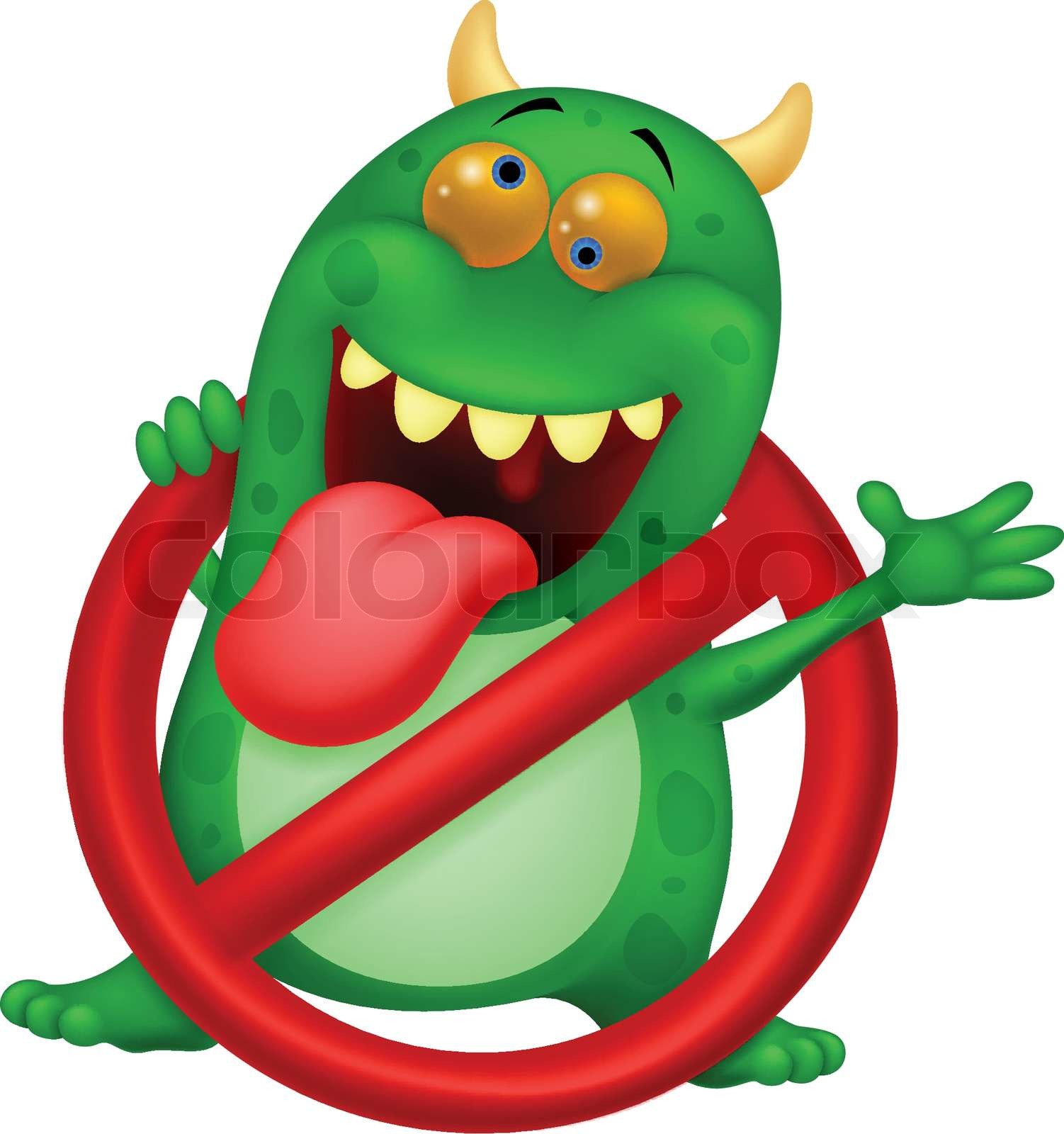 Cartoon Stop virus - green virus in red alert sign | Stock vector
