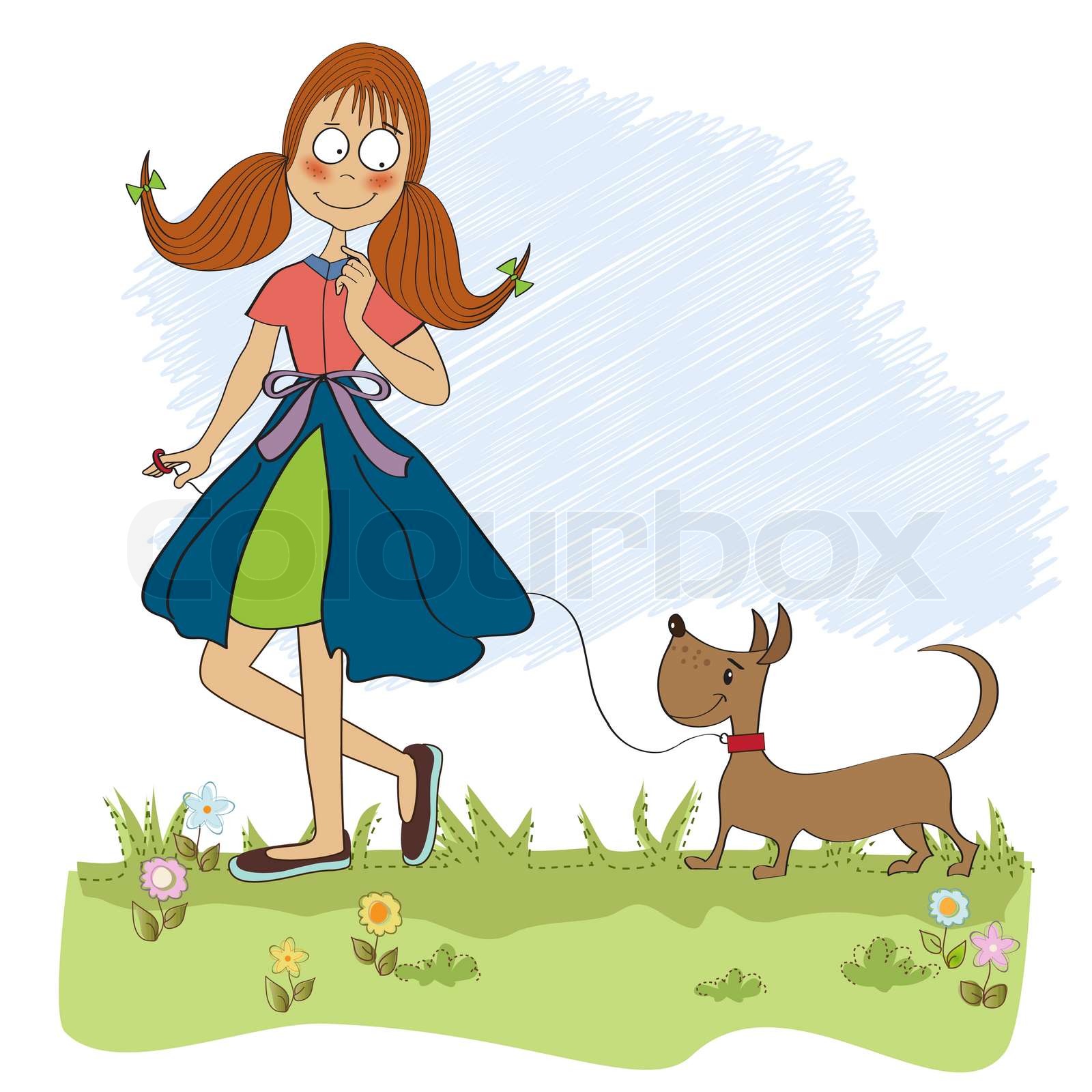 Girl walking her little dog | Stock vector | Colourbox