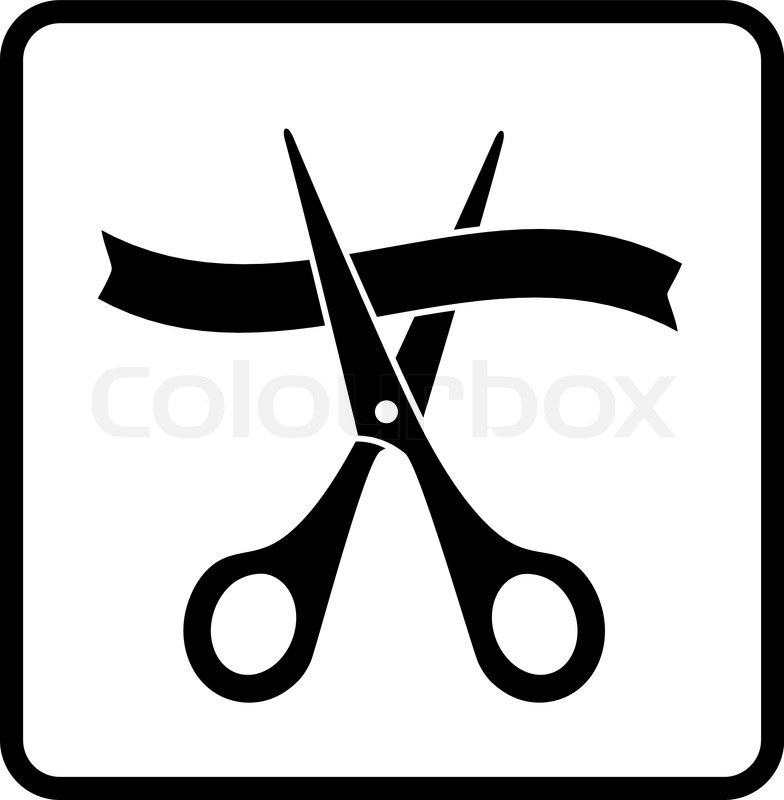 Sign with scissors cutting ribbon in frame on white 