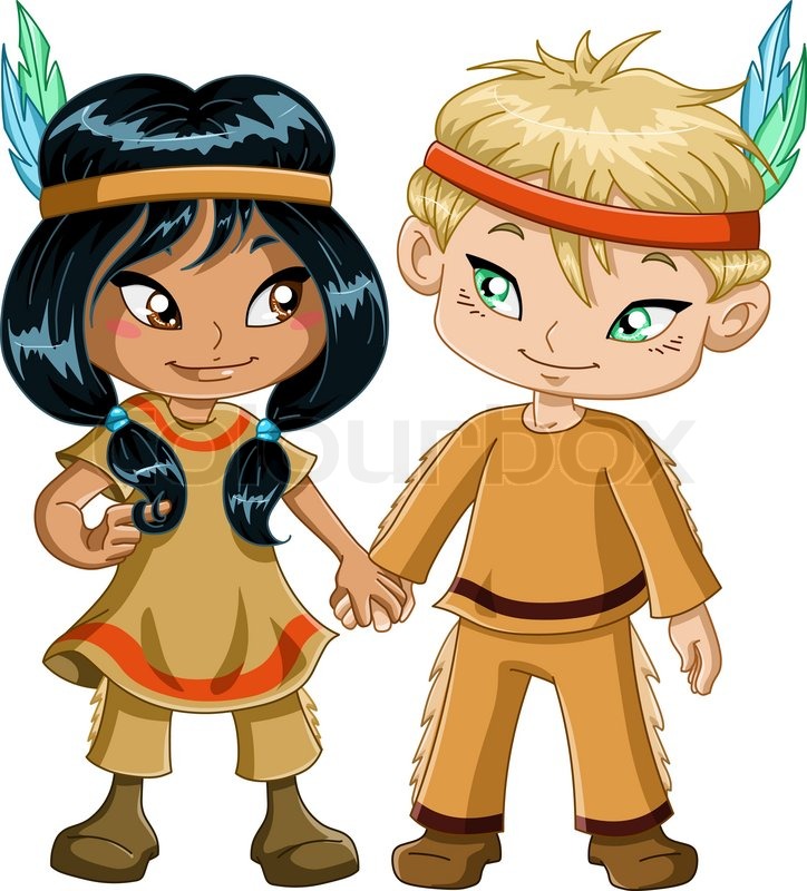 A Vector Illustration Of Children Dressed As Indians And Holding Hands For Thanksgiving Or Halloween