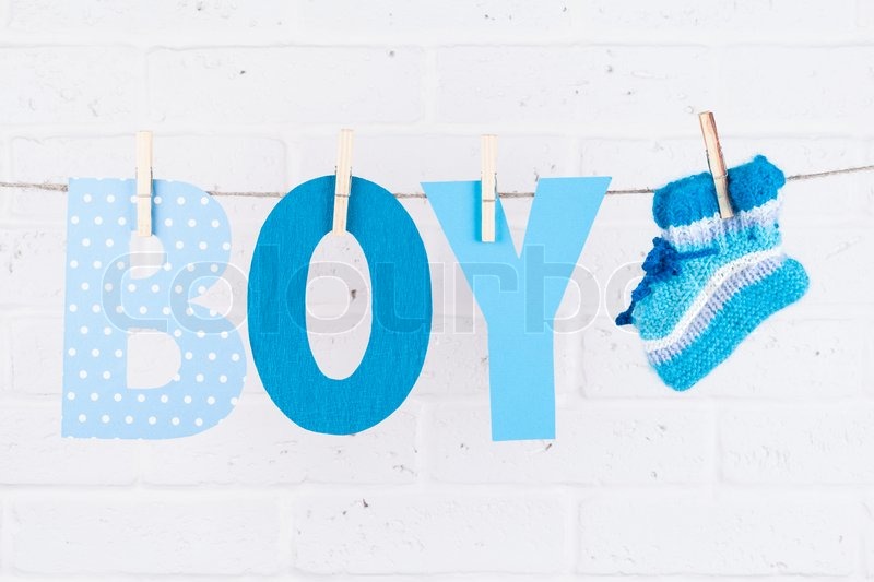 letters of word boy and knitted socks stock image boy word